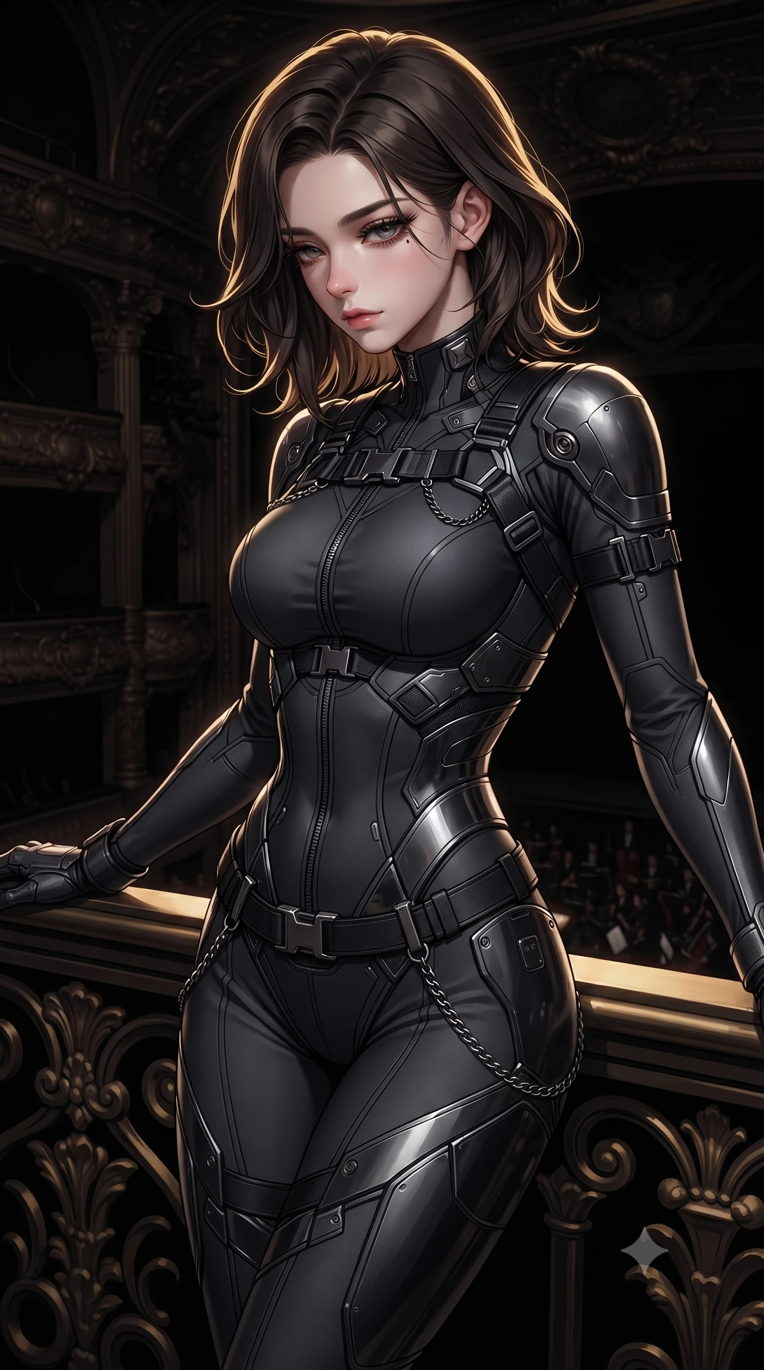 score_9, masterpiece, best quality, ultra-detailed, high-budget anime keyframe, editorial fashion photography, tasteful artistic composition, Korean woman. close-up cowboy shot from the waist and thighs up, the character dominates the composition, filling the frame with her large presence, background elements kept in soft focus. Casting a slow, direct gaze beneath heavy lashes with quiet intensity, resting against a dark gilded railing overlooking a shadowy orchestral pit, shadowy opera house architecture fading into pitch-black soft focus. She has an exceptionally elegant, slender, and willowy female figure with an ultra-slim waist, a gracefully sculpted slender torso, and a refined silhouette. sharp v-shaped jawline, high-bridge nose, intricate jewel-like eyes with depth, thick eyelashes, glossy lips with a natural sheen. wearing second-skin matte carbon-fiber combat suit in onyx black in dark charcoal gray, made of sculpted obsidian metallic chrome, framed by dark titanium buckles and silver chain details, the fitted fabric emphasizing her ultra-slim waist. surrounded by dramatic theatrical chiaroscuro with sharp gold rim highlights. highly saturated vibrant anime colors, detailed shading with soft gradients, rich glossy textures, high-contrast stereoscopic depth, volumetric dynamic lighting, master piece, 9:16 ratio