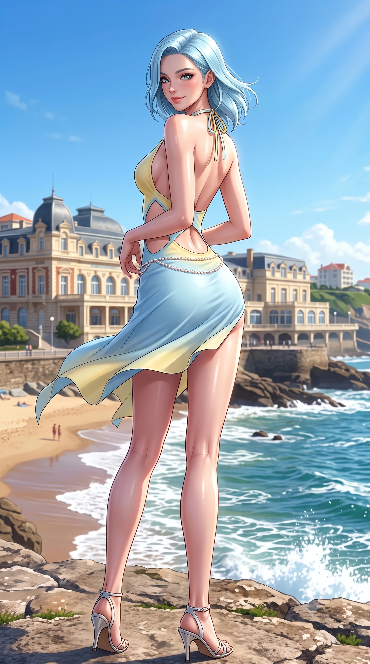 score_9, masterpiece, best quality, ultra-detailed, high-budget anime keyframe, semi-realistic 3D game render, editorial fashion photography, tasteful artistic composition, Korean woman. low angle full-body shot from head to toe showing her feet, filling the entire 9:16 vertical frame with her statuesque presence, stretching her vertical silhouette. posing with back turned slightly to the lens, glancing back with an enchanting, playful smile as she arches her lower back to emphasize her sculpted feminine hips and slender waist while turning in an alluring S-curve as ocean trade winds whip her silk wrap skirt, gazing toward the historic casino palace with parted glossy lips. The surrounding environment is rendered in vivid detail and crisp panoramic clarity. detailed resort wear weave, coastal sun specular highlights on skin, and Biarritz coastline in high resolution. She has an exceptionally tall and slender model-like 8.5-heads proportion, an ultra-slim waist, a flat toned midriff, narrow delicate ribcage, and beautifully sculpted feminine hips creating a graceful, slim hourglass silhouette without any bulky heaviness, with impossibly long slender legs. sharp v-shaped jawline, high-bridge nose, intricate jewel-like sparkling eyes with depth, thick eyelashes, glossy parted lips with a natural peach sheen, bright cheerful beaming smile with an enchanting and coquettish sensual glint, exuding both youthful cute charm and seductive allure, flawlessly proportioned anatomical accuracy, strict slender model proportions, natural body alignment, perfectly sculpted long slender limbs, ultra-slim waistline, clean dynamic posture without body distortion. wearing a backless pastel halter sundress with side-waist diamond cutouts and an ultra-fitted hip-hugging silhouette in sunny daffodil yellow and clear sky blue, crafted from soft cozy cashmere yarn with an airy drape, accented with a dainty pearl waist chain catching the ambient sunlight, the form-contouring cut accentuating her sculpted flat midriff, narrow delicate ribcage, and gracefully curvy hips with supermodel precision. illuminated by sparkling sea foam reflections sharply sculpting her razor-sharp jawline, narrow waist, and curvy hips. highly saturated vibrant anime colors, detailed shading with soft gradients, rich glossy textures, high-contrast stereoscopic depth, volumetric dynamic lighting, master piece, 9:16 ratio