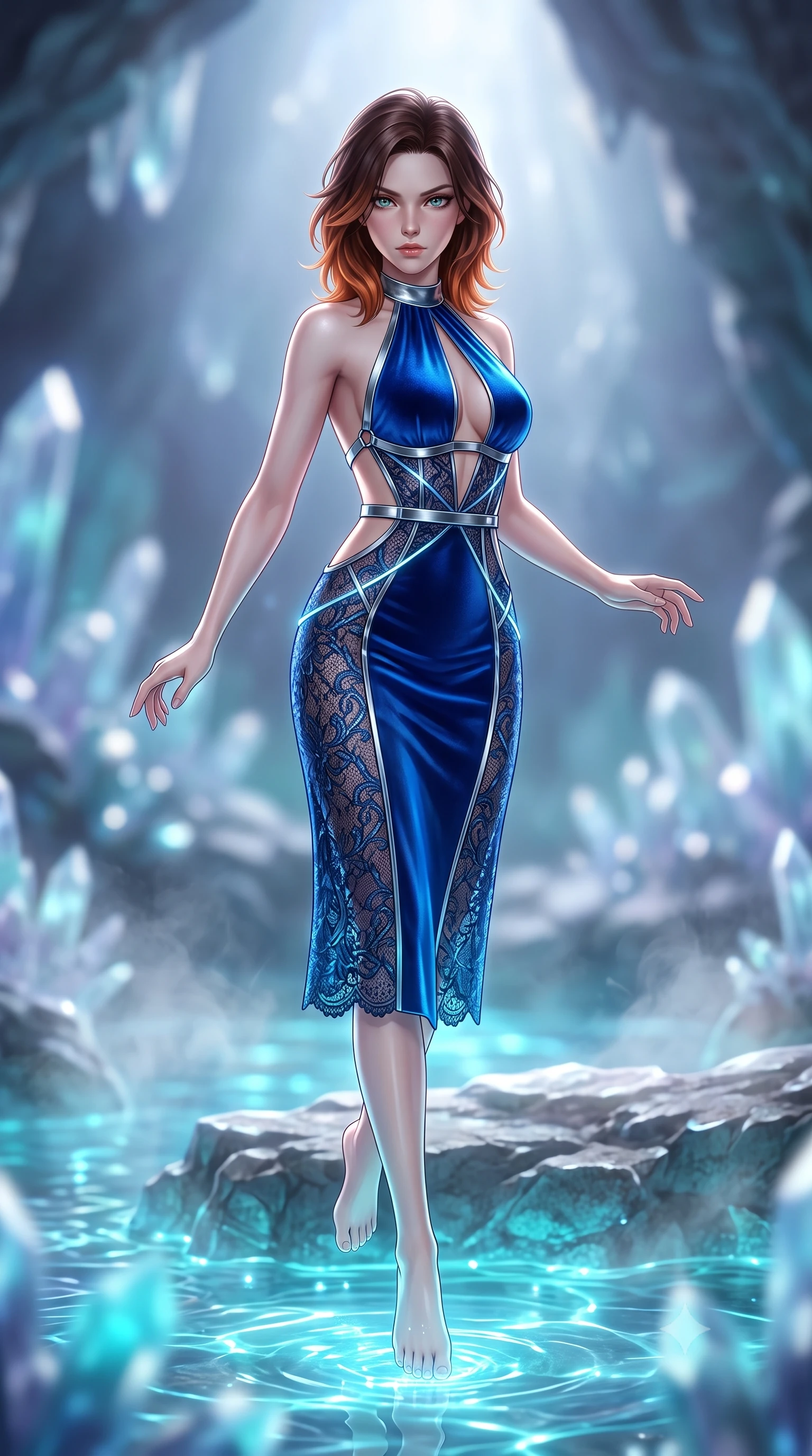 score_9, masterpiece, best quality, ultra-detailed, high-budget anime keyframe, semi-realistic 3D game render, editorial fashion photography, tasteful artistic composition, Korean woman. low angle full-body shot from head to toe showing her feet, filling the entire 9:16 vertical frame with her statuesque presence, stretching her vertical silhouette. performing an alluring mid-air vault with flawless poise, looking directly into the camera with smoldering intensity while stepping gracefully through shallow glowing water with an alluring, confident backward glance. The composition keeps background elements in soft focus with creamy bokeh. rising water mist and crystalline grotto formations softened by luminous shallow depth of field. She has an absolutely perfect, statuesque 8.5-heads proportion, an exceptionally tall and slender model-like female figure with impossibly long slender legs, a toned flat midriff, and an ultra-slim waist. sharp v-shaped jawline, high-bridge nose, intricate jewel-like eyes with depth, thick eyelashes, glossy lips with a natural sheen, flawlessly proportioned anatomical accuracy, strict slender model proportions, natural body alignment, perfectly sculpted long slender limbs, ultra-slim waistline, clean dynamic posture without body distortion. wearing a velvet halter-neck midi dress fitting her statuesque contour flawlessly with a Tasteful chest slit and open spine in liquid electric cobalt blue and polished silver, crafted from delicate dark lace interwoven with luminescent micro-fibers, reinforced by a sleek metallic chrome harness and delicate glowing micro-straps, the precision-cut daring openings accentuating her delicate midriff, graceful bare collarbones, and ultra-slim feminine waistline. bathed in brilliant silver moonlight backlighting and glowing cyan water refractions. highly saturated vibrant anime colors, detailed shading with soft gradients, rich glossy textures, high-contrast stereoscopic depth, volumetric dynamic lighting, master piece, 9:16 ratio