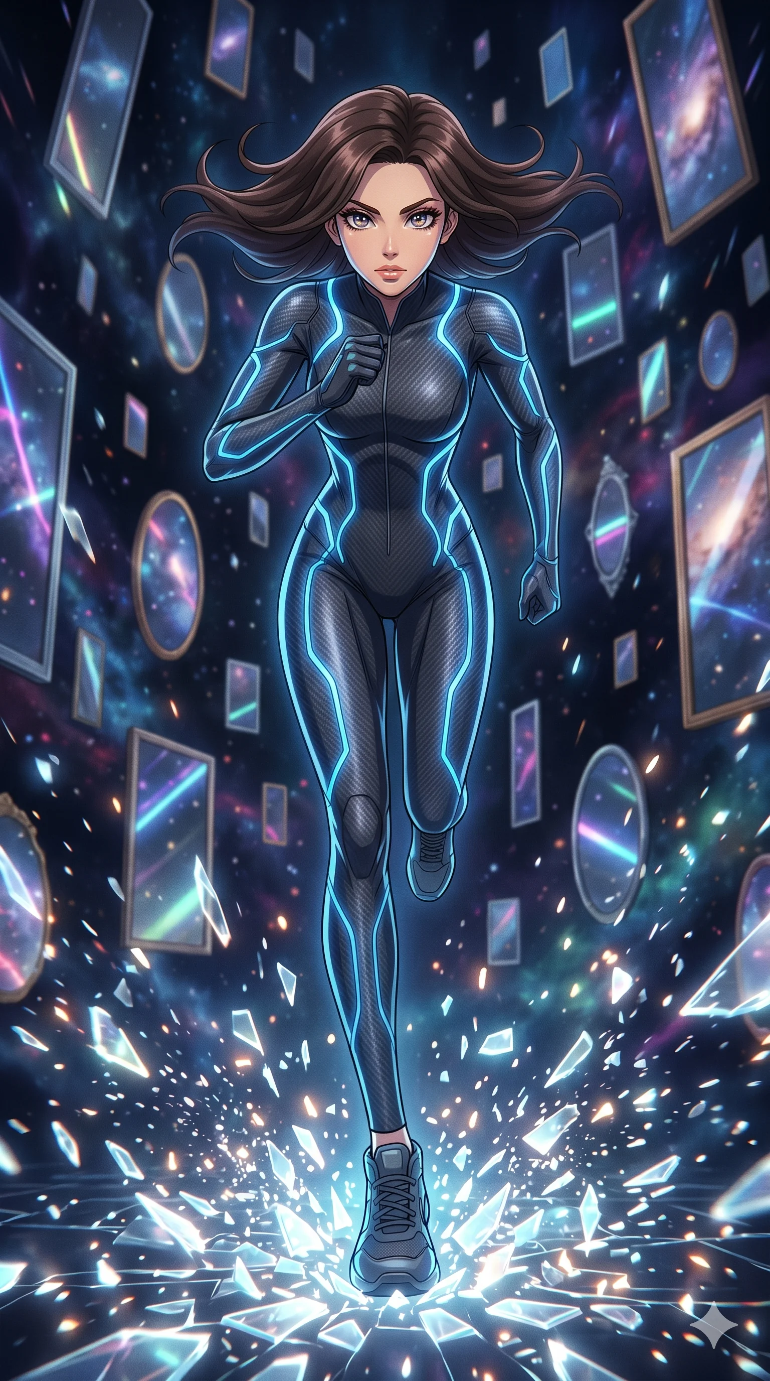 score_9, masterpiece, best quality, ultra-detailed, Set A: High-budget Anime Keyframe, Caucasian (strictly human ears) woman. Low angle cowboy shot filling the entire 9:16 frame with her statuesque presence. Sprinting through a dimension of floating mirrors, as the ground beneath her turns into 181 shards of light and surrounded by shattered glass fragments. She has an absolutely perfect 8-heads proportion, an exceptionally tall and slender female figure with impossibly long slender legs and an ultra-slim waist. Sharp v-shaped jawline, high-bridge nose, intricate jewel-like eyes with depth, thick eyelashes, glossy lips with a natural sheen. Wearing Sleek carbon-fiber catsuit with glowing bioluminescent patterns along the muscles. Cinematic lighting, vibrant colors, dramatic shadows, 2k, ultra detail, master piece, 9:16 ratio