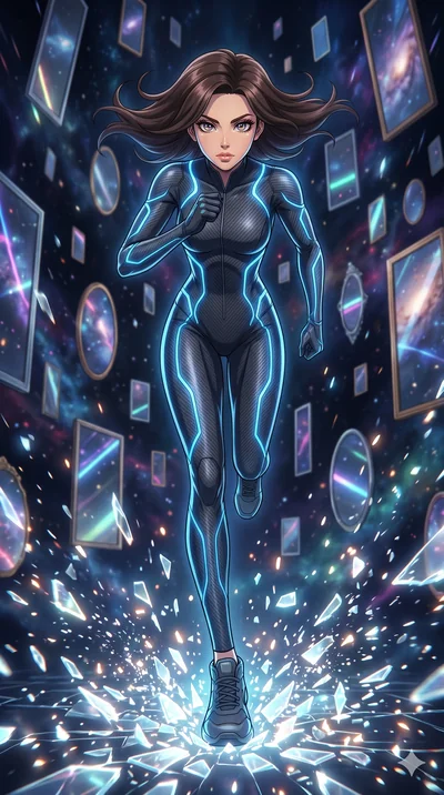 score_9, masterpiece, best quality, ultra-detailed, Set A: High-budget Anime Keyframe, Caucasian (strictly human ears) woman. Low angle cowboy shot filling the entire 9:16 frame with her statuesque presence. Sprinting through a dimension of floating 