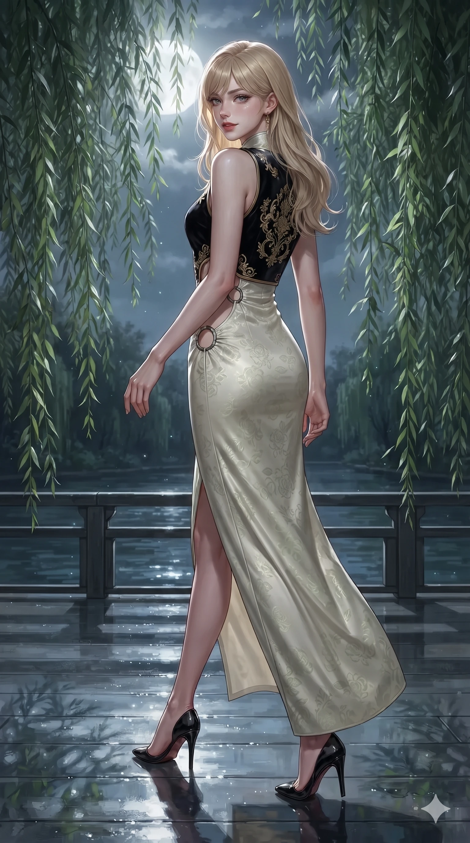 score_9, masterpiece, best quality, ultra-detailed, high-budget anime keyframe, editorial fashion photography, tasteful artistic composition, Japanese woman. low angle full-body shot from head to toe showing her feet, filling the entire 9:16 vertical frame with her statuesque presence, stretching her vertical silhouette. walking along the waterfront terrace with poise, looking back over her bare shoulder with an irresistible smoldering bedroom-gaze while walking slowly through the curtain of weeping willow leaves with feline poise, her long slender legs and curvy hips commanding the frame. The surrounding environment is rendered in vivid detail and crisp panoramic clarity: detailed sheer gossamer hanbok blouse tailoring, silk bandeau cling, and natural riparian landscape in razor-sharp clarity. She has an absolutely perfect, statuesque 8.5-heads proportion, an exceptionally tall and slender model-like female figure with impossibly long slender legs, an ultra-slim waist, a flat toned midriff, narrow delicate ribcage, and beautifully sculpted feminine hips creating a graceful, slim hourglass silhouette without any bulky heaviness. sharp v-shaped jawline, high-bridge nose, sparkling eyes with hypnotic seductive depth, thick curled eyelashes, glossy parted lips with a natural dewy peach sheen, alluring bedroom-eyes with an enchanting coquettish smile, exuding magnetic siren charisma and sophisticated glamour, flawlessly proportioned anatomical accuracy, strict slender model proportions, natural body alignment, perfectly sculpted long slender limbs, ultra-slim waistline, clean dynamic posture without body distortion. wearing an aristocratic black velvet baeja vest worn over a tailored high-neck ivory silk maxi dress in soft lotus rose and morning dew sage green, tailored from rich silk jacquard with subtle embossed lotus blossom patterns, accented with sculptural chrome hardware rings framing the subtle cutouts, the impeccably tailored cut draping gracefully along her slender figure with aristocratic eastern poise. bathed in ethereal silver moonlight filtering through weeping willow leaves creating intricate dappled shadow patterns. ultra-reflective glossy finish, specular highlights, rich textural contrasts, high-contrast stereoscopic depth, volumetric dynamic lighting, 2k, ultra detail, master piece, 9:16 ratio