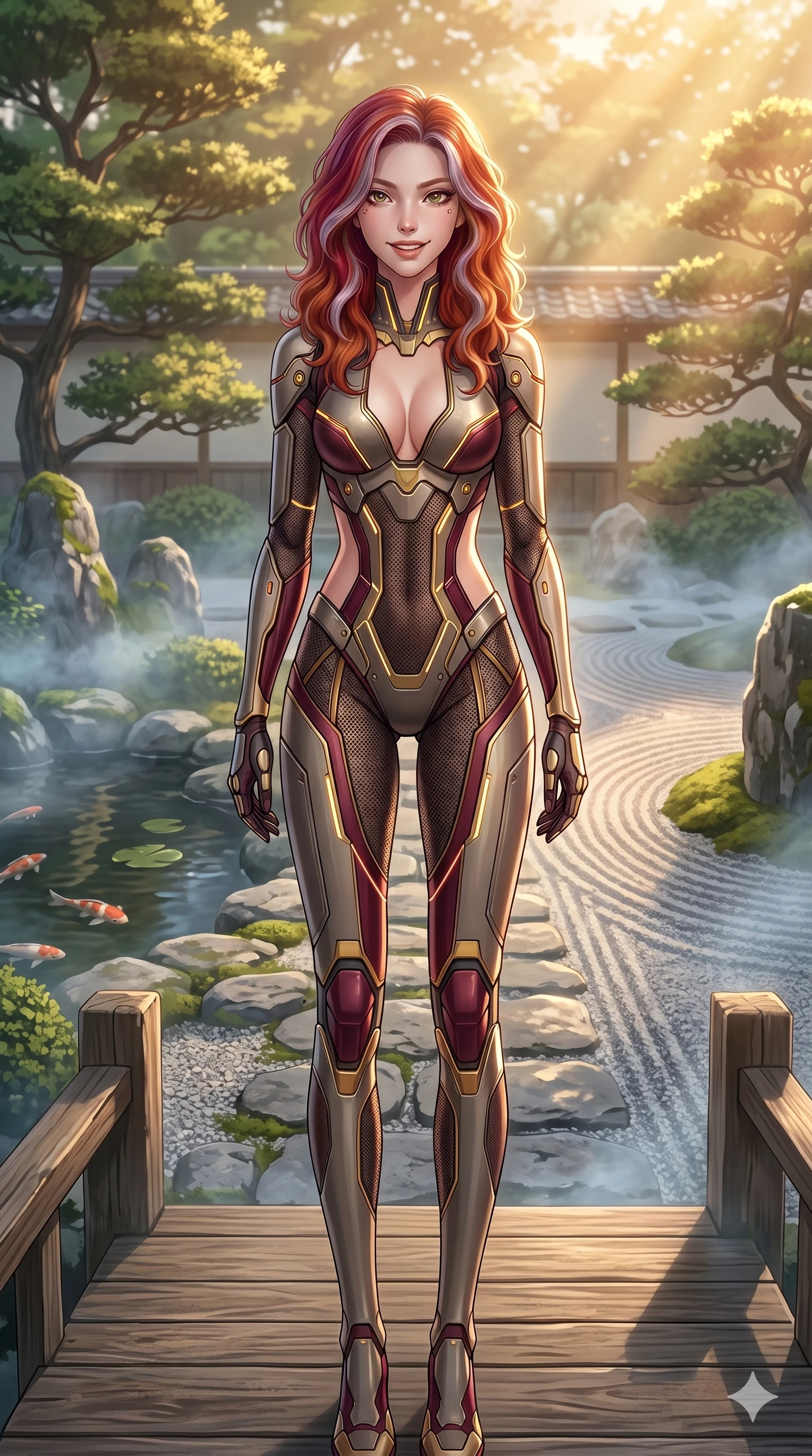 score_9, masterpiece, best quality, ultra-detailed, high-budget anime keyframe, editorial fashion photography, tasteful artistic composition, Caucasian woman, strictly human ears. cowboy shot from the thighs up, character and outfit filling the frame for maximum editorial presence. posing with quiet self-assurance, looking directly into the lens with a confident grin on a wooden bridge in a traditional Japanese garden with mist rising softly (Code-P18-078). She has an absolutely perfect 8-heads proportion, an exceptionally tall and slender female figure with impossibly long slender legs and an ultra-slim waist. V-shaped jawline, high-bridge nose, intricate jewel-like eyes with depth, thick eyelashes, glossy lips with a natural sheen. wearing a cybernetic combat suit with a plunging neckline and exposed waist. bathed in warm golden afternoon sunbeams, casting a warm glowing aura on her. 2k, ultra detail, master piece, 9:16 ratio