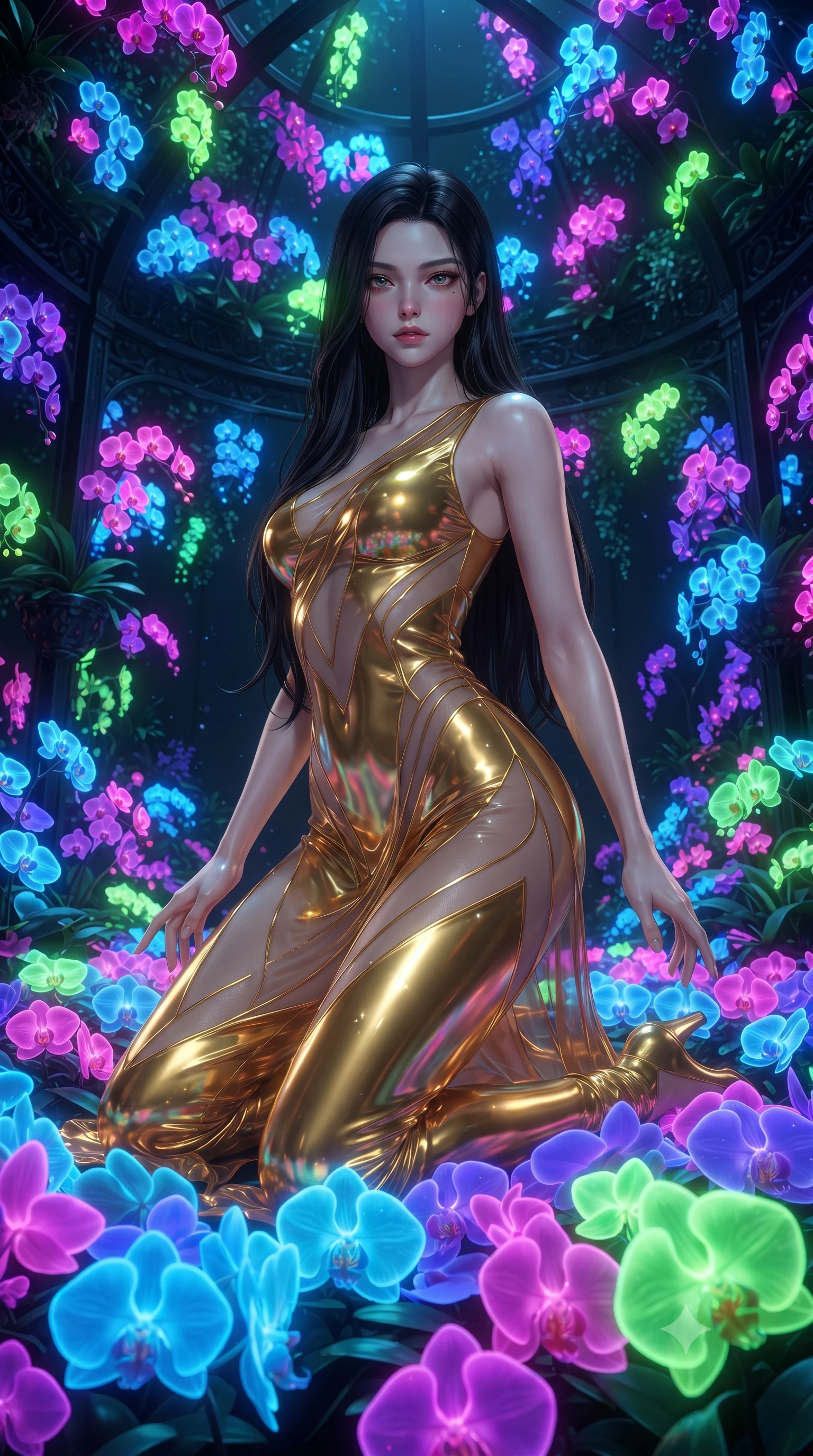 score_9, masterpiece, best quality, ultra-detailed, High-budget Anime Keyframe, editorial fashion photography, tasteful artistic composition, realistic cosplay photography, East Asian woman. Low angle cowboy shot filling the entire 9:16 frame with her statuesque presence. Scenario 284: kneeling on a soft bed of glowing neon orchids under a virtual garden where neon flowers bloom in the dark. Her presence is magnetic and overpowering in this high-budget cinematic scene. Outfit 284: a body-hugging molten liquid silk gold with a sheer panels and wet-look texture. The clothing is designed to emphasize her exceptionally tall and slender 8-heads proportion. 8-heads proportion, towering silhouette, ultra-slim waist. sharp v-shaped jawline, intricate jewel-like eyes with depth, thick eyelashes, glossy lips. ultra-reflective glossy finish, specular highlights, metallic sheen, high-contrast stereoscopic depth, volumetric dynamic lighting, 2k, ultra detail, master piece, 9:16 ratio