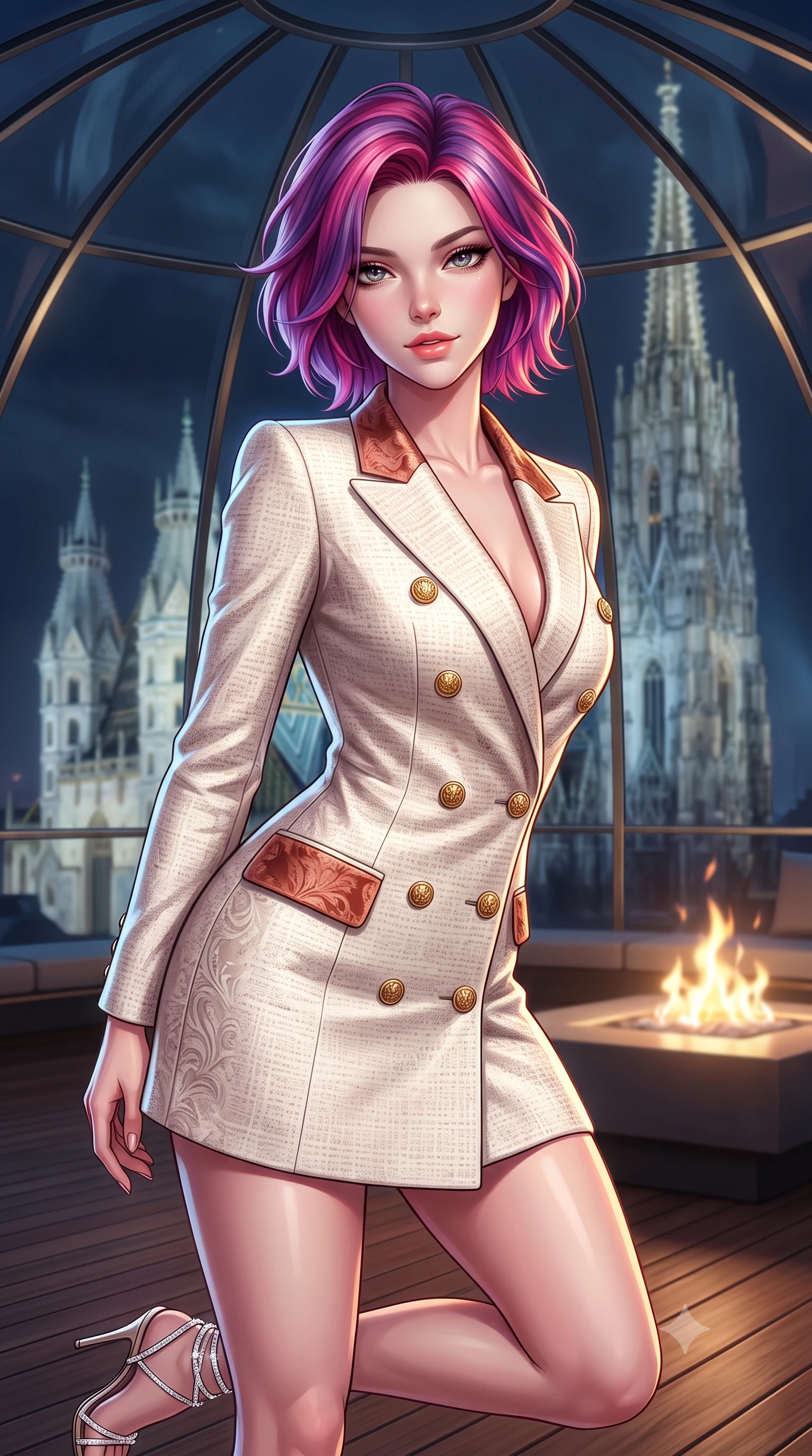 score_9, masterpiece, best quality, ultra-detailed, high-budget anime keyframe, semi-realistic 3D game render, editorial fashion photography, tasteful artistic composition, Caucasian woman. close-up cowboy shot from the waist and thighs up, the character dominates the composition, filling the frame with her large presence. leaning forward while arching her lower back to accentuate her curvy hips, looking into the camera with an intoxicating smoldering gaze and bedroom-eyes while standing poised on the heated teak terrace beneath the panoramic glass dome, arching her lower back as the illuminated gothic spire of Stephansdom glows in midnight mist. The background shows a soft-focus minimalist fire table flames softened in contemporary penthouse aerie shallow focus. She has an exceptionally elegant, slender, and willowy female figure with an ultra-slim waist, flat toned midriff, narrow ribcage, and sculpted feminine hips creating an alluring, slim hourglass silhouette without bulk. sharp v-shaped jawline, high-bridge nose, intricate jewel-like sparkling eyes with depth, thick eyelashes, glossy parted lips with a natural peach sheen, bright cheerful beaming smile with an enchanting and coquettish sensual glint, exuding both youthful cute charm and seductive allure, flawlessly proportioned anatomical accuracy, strict slender model proportions, natural body alignment, perfectly sculpted long slender limbs, ultra-slim waistline, clean dynamic posture without body distortion. wearing a tailored ivory tweed double-breasted blazer dress with gold heraldic crest buttons in Grasse centifolia rose petal blush and burnished copper, tailored from ultra-plush silk velvet with rich tactile depth and deep shadow gradients, complemented by strappy stiletto sandals with crystal ankle wraps accentuating her slender calves, the impeccably tailored cut draping gracefully along her slender figure with aristocratic poise. illuminated by glass reflection bounce and sharp platinum-gold rim lights defining her dewy collarbones, ultra-slim waist, and curvy hips. highly saturated vibrant anime colors, detailed shading with soft gradients, rich glossy textures, high-contrast stereoscopic depth, volumetric dynamic lighting, master piece, 9:16 ratio