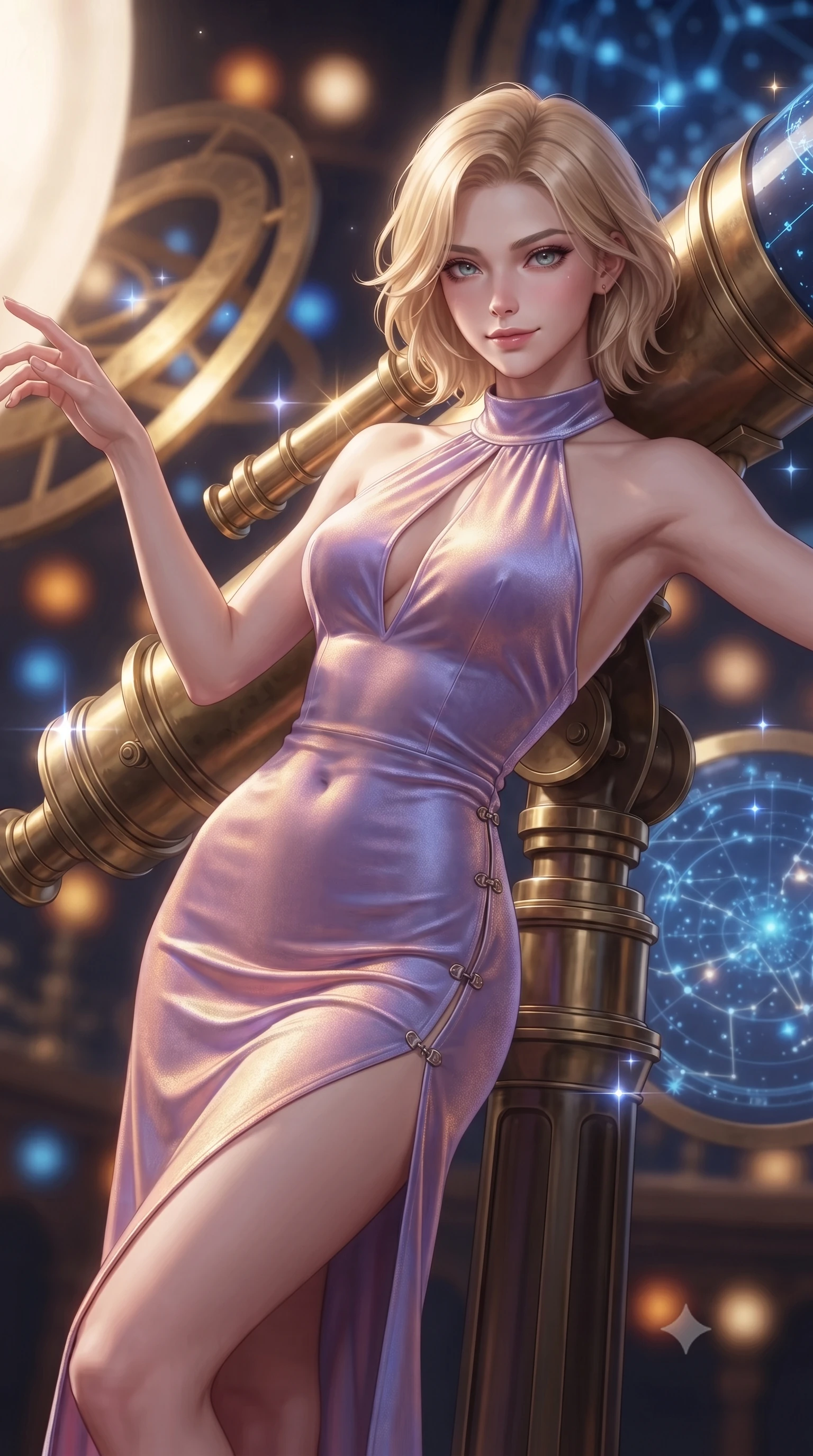 score_9, masterpiece, best quality, ultra-detailed, high-budget anime keyframe, editorial fashion photography, tasteful artistic composition, Caucasian woman. close-up cowboy shot from the waist and thighs up, the character dominates the composition, filling the frame with her large presence. extending one arm gracefully toward the light while her torso arches in a sleek, alluring curve with magnetic intensity while leaning against a massive brass celestial telescope with an intelligent, seductive smile looking into the lens. The composition keeps background elements in soft focus with creamy bokeh. rotating golden astrolabe rings and glowing blue star charts blurred into rich amber and sapphire bokeh. She has an exceptionally elegant, slender, and willowy female figure with an ultra-slim waist, a gracefully sculpted slender torso, toned flat midriff, and a refined slim silhouette. sharp v-shaped jawline, high-bridge nose, intricate jewel-like eyes with depth, thick eyelashes, glossy lips with a natural sheen, flawlessly proportioned anatomical accuracy, strict slender model proportions, natural body alignment, perfectly sculpted long slender limbs, ultra-slim waistline, clean dynamic posture without body distortion. wearing a velvet halter-neck midi dress fitting her statuesque contour flawlessly with a Tasteful chest slit and open spine in luminous lavender violet and rose gold, made of smooth iridescent silk chiffon that shifts colors with movement, finished with an ultra-high side slit secured by miniature magnetic clasps, the glove-like aerodynamic second-skin fit tightly clinging to her ultra-slender waist and athletic curves without adding bulk, accentuating her razor-sharp statuesque lines and slim hourglass silhouette. illuminated by glowing holographic star glyphs and crisp specular highlights on polished metal. ultra-reflective glossy finish, specular highlights, metallic sheen, high-contrast stereoscopic depth, volumetric dynamic lighting, 2k, ultra detail, master piece, 9:16 ratio