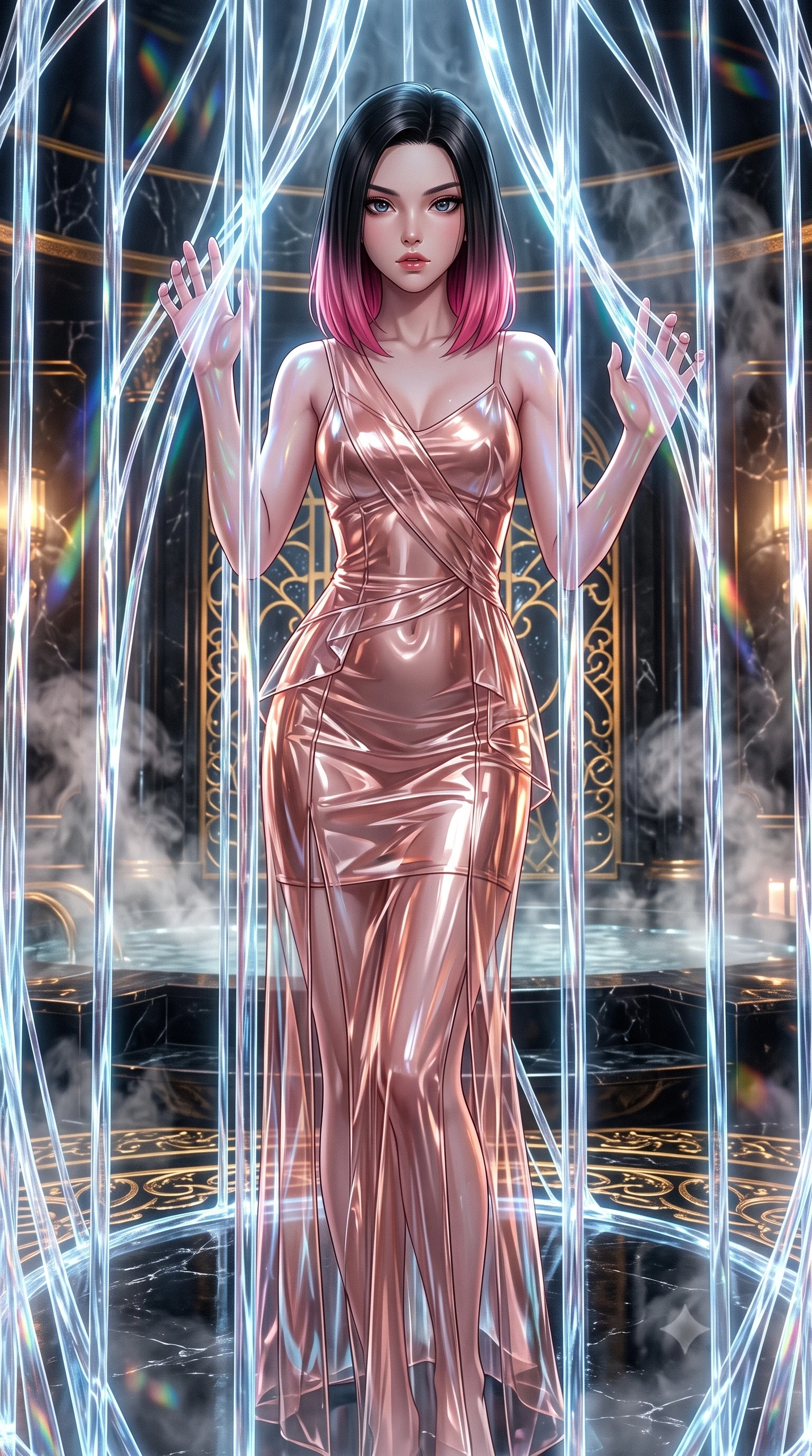 score_9, masterpiece, best quality, ultra-detailed, High-budget Anime Keyframe, East Asian woman. Low angle cowboy shot filling the entire 9:16 frame with her statuesque presence. Scenario 536: trapped in a cage of glowing crystalline fibers, her body pressing against the bars, in a steam-filled bathhouse built of black obsidian stone and gold accents. Her presence is magnetic and overpowering in this high-budget anime scene. Outfit 536: a slim-fit rose-gold translucent PVC gown featuring layered translucent panels over a sleek slip dress. The clothing is designed to emphasize her exceptionally tall and slender 8-heads proportion. 8-heads proportion, towering silhouette, ultra-slim waist. sharp v-shaped jawline, intricate jewel-like eyes with depth, thick eyelashes, glossy lips. 2k, ultra detail, master piece, 9:16 ratio