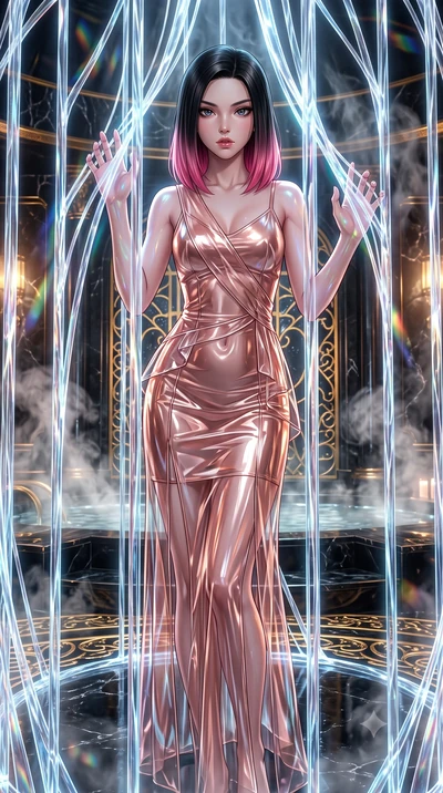 score_9, masterpiece, best quality, ultra-detailed, High-budget Anime Keyframe, East Asian woman. Low angle cowboy shot filling the entire 9:16 frame with her statuesque presence. Scenario 536: trapped in a cage of glowing crystalline fibers, her bod