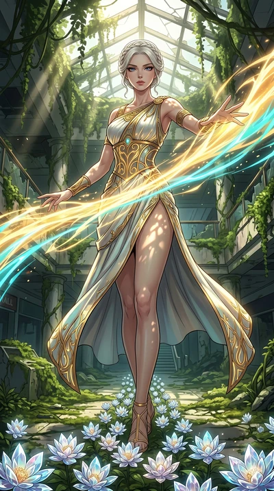 score_9, masterpiece, best quality, ultra-detailed, Set A: High-budget Anime Keyframe, Korean woman. Low angle cowboy shot filling the entire 9:16 frame with her statuesque presence. Theme: Historical Remix. unleashing a massive energy wave in a ruin