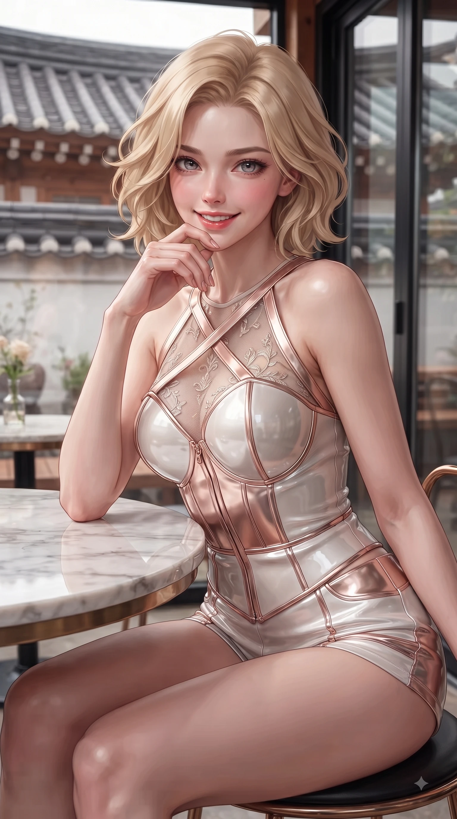 score_9, masterpiece, best quality, ultra-detailed, high-budget anime keyframe, editorial fashion photography, tasteful artistic composition, Caucasian woman. close-up cowboy shot from the waist and thighs up, the character dominates the composition, filling the frame with her large presence, background elements kept in soft focus. Playful cute expression with a warm smile and parted lips, looking right into the camera with vibrant energy while resting her chin playfully on the back of her fingers at a marble cafe table with a sweet grin, traditional Hanok clay roof tiles and modern glass windows framing the background. She has an exceptionally elegant, slender, and willowy female figure with an ultra-slim waist, a gracefully sculpted slender torso, and a refined silhouette. sharp v-shaped jawline, high-bridge nose, intricate jewel-like eyes with depth, thick eyelashes, glossy lips with a natural sheen, flawlessly proportioned anatomical accuracy, natural body alignment, perfectly sculpted elegant limbs, clean dynamic posture without body distortion. wearing a chrome-plated structured bodice worn over a sheer mesh top and micro-shorts in pearl white and rose gold, tailored from high-gloss patent leather, complemented by criss-cross back straps highlighting her bare shoulders, the glove-like fit emphasizing her statuesque silhouette during motion. surrounded by a cozy, intimate, and relaxing cafe atmosphere. ultra-reflective glossy finish, specular highlights, metallic sheen, high-contrast stereoscopic depth, volumetric dynamic lighting, 2k, ultra detail, master piece, 9:16 ratio