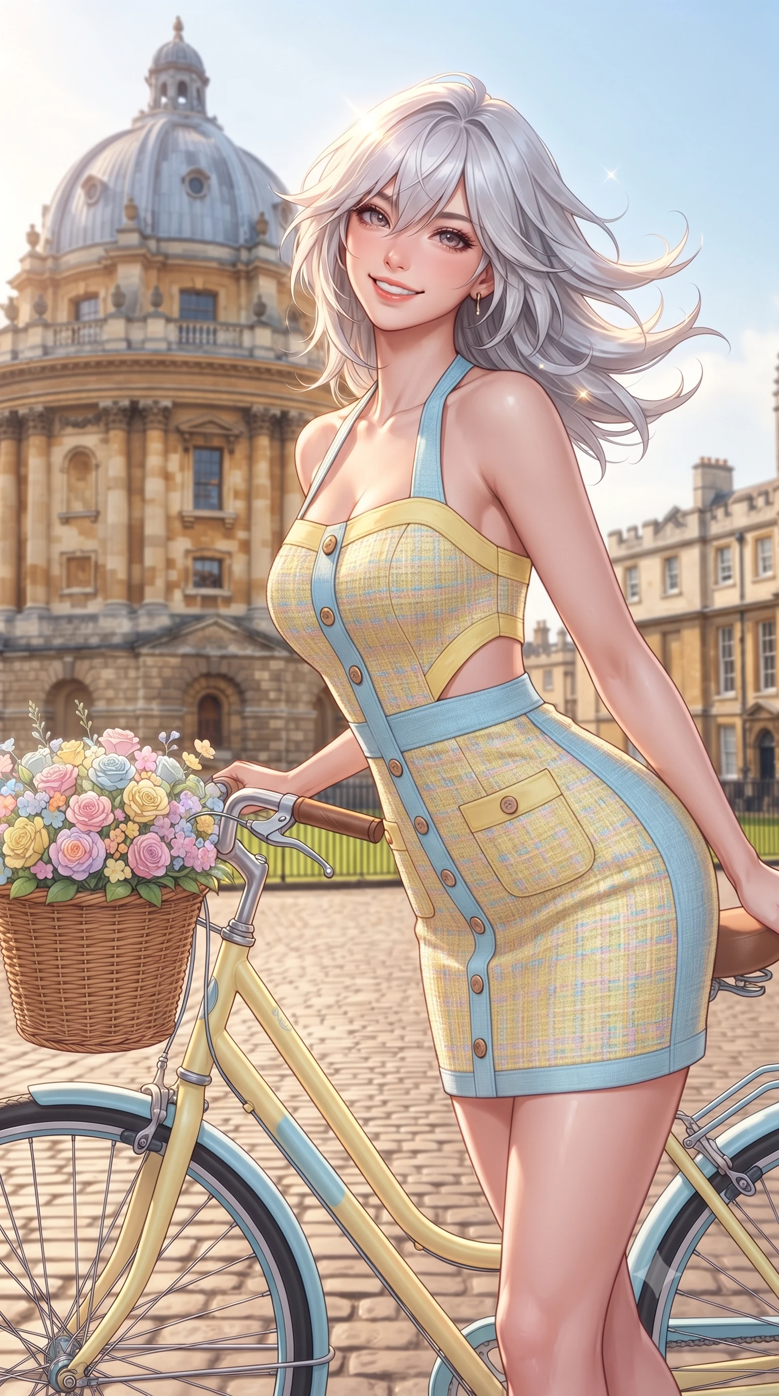 score_9, masterpiece, best quality, ultra-detailed, high-budget anime keyframe, editorial fashion photography, tasteful artistic composition, Japanese woman. close-up cowboy shot from the waist and thighs up, the character dominates the composition, filling the frame with her large presence. turning playfully with a bright confident smile, her glossy hair tossing in the breeze as her hips angle gracefully in a captivating contrapposto while leaning against a vintage pastel bicycle with a woven flower basket, arching her back with an enchanting, bright cute smile in front of the iconic Radcliffe Camera. The surrounding environment is rendered in vivid detail and crisp panoramic clarity. detailed pastel tweed weave, sunburst glints on hair, and Oxford university architecture in high clarity. She has an exceptionally elegant, slender, and willowy female figure with an ultra-slim waist, flat toned midriff, narrow ribcage, and sculpted feminine hips creating an alluring, slim hourglass silhouette without bulk. sharp v-shaped jawline, high-bridge nose, intricate jewel-like sparkling eyes with depth, thick eyelashes, glossy parted lips with a natural peach sheen, bright cheerful beaming smile with an enchanting and coquettish sensual glint, exuding both youthful cute charm and seductive allure, flawlessly proportioned anatomical accuracy, strict slender model proportions, natural body alignment, perfectly sculpted long slender limbs, ultra-slim waistline, clean dynamic posture without body distortion. wearing a backless pastel halter sundress with side-waist diamond cutouts and an ultra-fitted hip-hugging silhouette in sunny daffodil yellow and clear sky blue, tailored from crisp cotton poplin with clean structural lines, finished with neat front wooden buttons and delicate pocket details, the form-fitting cut adhering flawlessly to her sculpted flat midriff and slender torso, emphasizing her long leg lines and perfectly proportioned willowy build. illuminated by warm stone facade bounce light contouring her sculpted collarbones, ultra-slim waist, and curvy hips. ultra-reflective glossy finish, specular highlights, rich textural contrasts, high-contrast stereoscopic depth, volumetric dynamic lighting, 2k, ultra detail, master piece, 9:16 ratio
