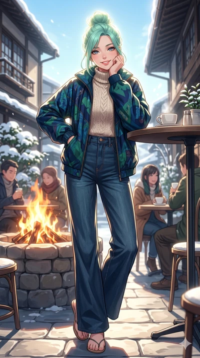 score_9, masterpiece, best quality, ultra-detailed, high-budget anime keyframe, vibrant anime aesthetic, Japanese woman. low angle full-body shot from head to toe showing her feet, filling the entire 9:16 vertical frame with her statuesque presence, 