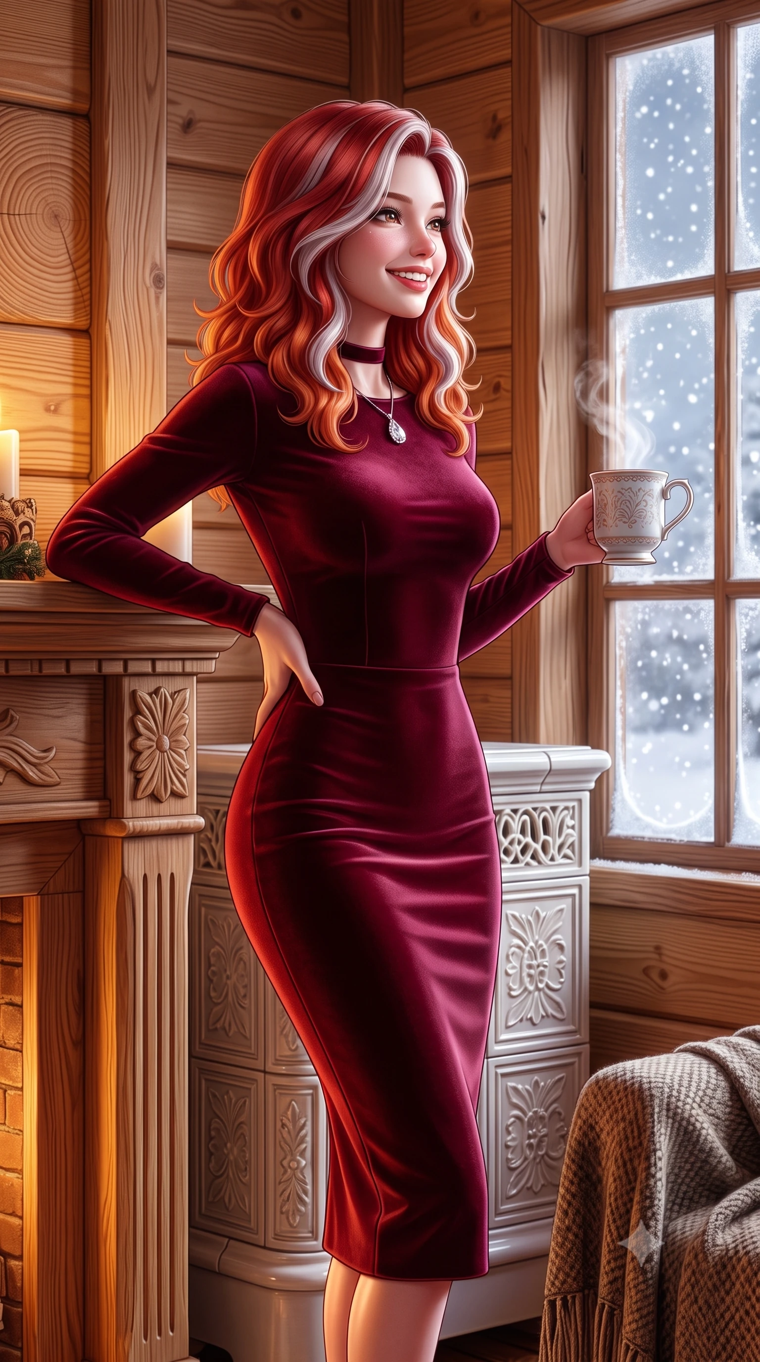 score_9, masterpiece, best quality, ultra-detailed, high-budget anime keyframe, semi-realistic 3D game render, editorial fashion photography, tasteful artistic composition, Caucasian woman. close-up cowboy shot from the waist and thighs up, the character dominates the composition, filling the frame with her large presence. leaning gracefully against the carved mantelpiece with one hand on her hip, showcasing her slender waist and feminine posture while walking toward the frosted timber window with a steaming porcelain mug, looking out at the falling snowflakes with wonder. The surrounding environment is rendered in vivid detail and crisp panoramic clarity: sharp tight annual growth rings in fragrant pine timber, glazed ceramic stove relief patterns, and hand-woven wool throw textures in deep focus. She has an exceptionally elegant, slender, and willowy female figure with an ultra-slim waist, flat toned midriff, narrow ribcage, and sculpted feminine hips creating an alluring, slim hourglass silhouette without bulk. sharp v-shaped jawline, high-bridge nose, intricate jewel-like sparkling eyes with depth, thick eyelashes, glossy parted lips with a natural peach sheen, bright cheerful beaming smile with an enchanting and coquettish sensual glint, exuding both youthful cute charm and seductive allure, flawlessly proportioned anatomical accuracy, strict slender model proportions, natural body alignment, perfectly sculpted long slender limbs, ultra-slim waistline, clean dynamic posture without body distortion. wearing a form-fitting liquid velvet cocktail midi dress in rich burgundy with long sleeves and a snug waist contour in Saint-Germain camel wool and warm espresso, tailored from premium double-knit ponte with sleek sculpting hold and smooth contours, finished with a narrow velvet neck ribbon and a sparkling teardrop crystal pendant, the body-conscious tailored knit hugging her sculpted torso and curvaceous hips in a seamless, fluid line that highlights her statuesque model proportions. illuminated by honey pine wall reflection bounce and warm buttery rim lights sculpting her features and slender hourglass curves. highly saturated vibrant anime colors, detailed shading with soft gradients, rich glossy textures, high-contrast stereoscopic depth, volumetric dynamic lighting, master piece, 9:16 ratio