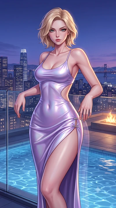 score_9, masterpiece, best quality, ultra-detailed, high-budget anime keyframe, semi-realistic 3D game render, editorial fashion photography, tasteful artistic composition, Caucasian woman. close-up cowboy shot from the waist and thighs up, the chara