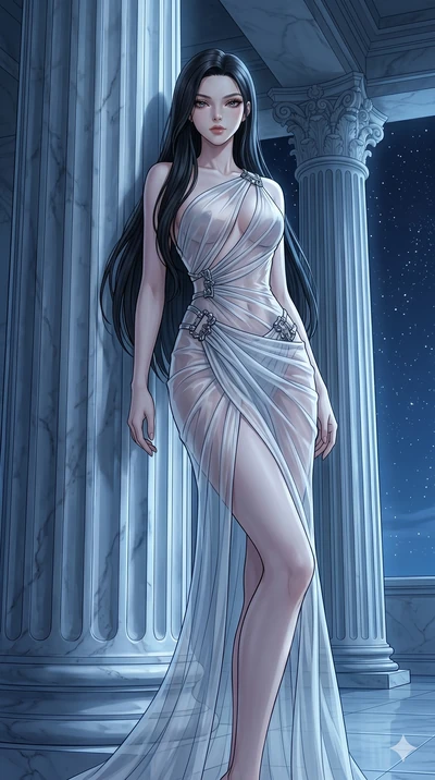 score_9, masterpiece, best quality, ultra-detailed, High-budget Anime Keyframe, East Asian woman. Low angle cowboy shot filling the entire 9:16 frame with her statuesque presence. Scenario 113: Leaning against a cold marble pillar in a moonlit greek 
