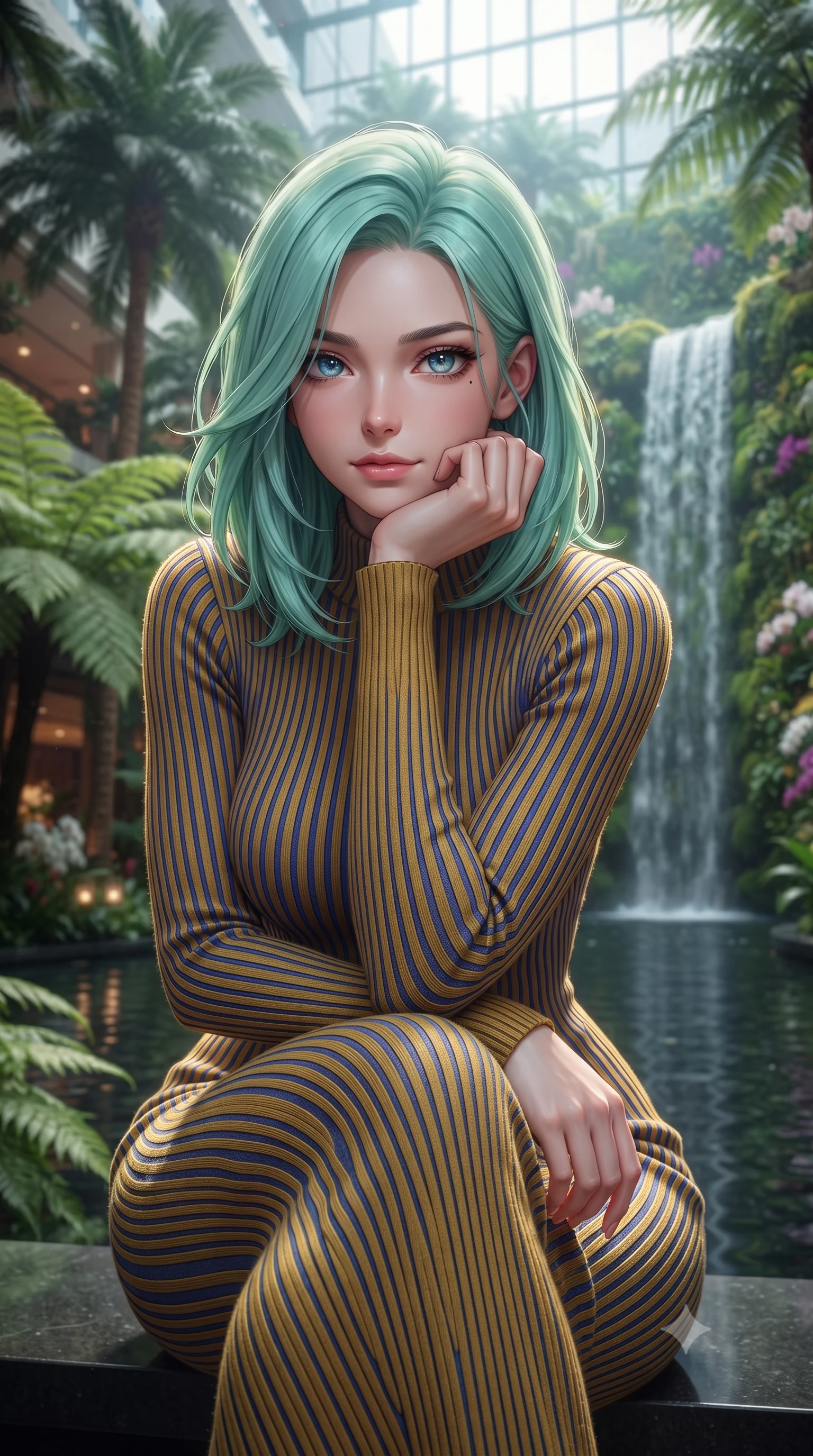 score_9, masterpiece, best quality, ultra-detailed, high-budget anime keyframe, editorial fashion photography, tasteful artistic composition, Japanese woman. close-up cowboy shot from the waist and thighs up, the character dominates the composition, filling the frame with her large presence, background elements kept in soft focus. Resting her chin on the backs of her fingers in a confident pose. set against a soft-focus background of a luxury hotel's soaring six-story glass atrium filled with towering tropical palms massive ferns rare orchid collections and a grand waterfall cascading down a living moss wall into a reflection pool. She has an exceptionally elegant and slender, willowy female figure with an ultra-slim waist, a gracefully sculpted slender torso, and a refined slim physique. sharp v-shaped jawline, high-bridge nose, intricate jewel-like eyes with depth, thick eyelashes, glossy lips with a natural sheen. wearing a body-hugging ribbed knit dress in a striking mustard yellow and indigo blue colorway, sculpting her slender proportions. soft glowing ambient light with sharp side key light tracing the sleek contours of her figure. 2k, ultra detail, master piece, 9:16 ratio