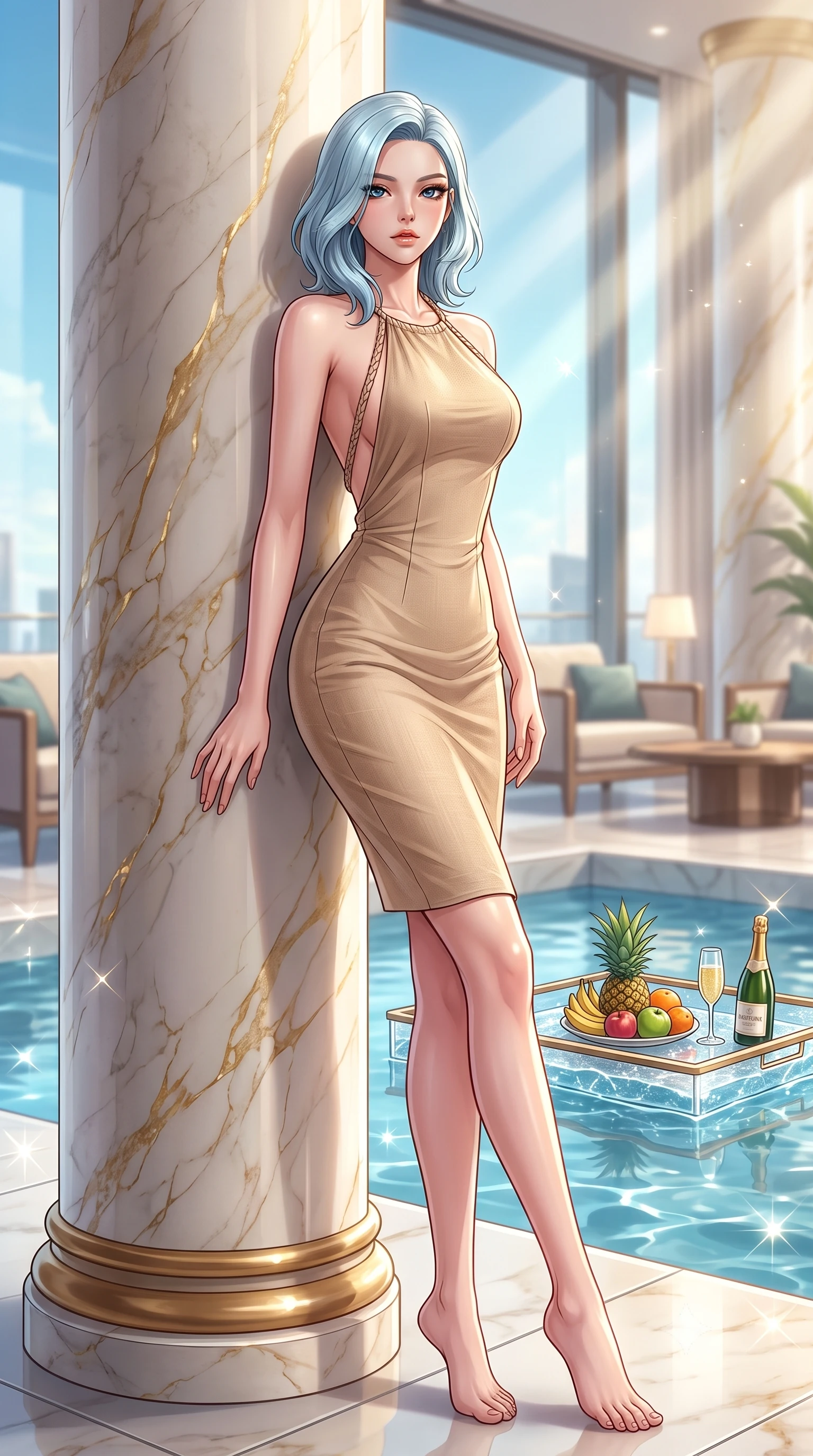 score_9, masterpiece, best quality, ultra-detailed, high-budget anime keyframe, editorial fashion photography, tasteful artistic composition, Korean woman. low angle full-body shot from head to toe showing her feet, filling the entire 9:16 vertical frame with her statuesque presence, stretching her vertical silhouette. posing with effortless allure against a polished marble pillar, her refined silhouette bathed in soft lighting set against a soft-focus background of inside an exclusive cocktail lounge with a floating pool tray of tropical fruits and chilled wine in soft focus. She has an absolutely perfect, statuesque 8.5-heads proportion, an exceptionally tall and slender model-like female figure with impossibly long slender legs and an ultra-slim waist. sharp v-shaped jawline, high-bridge nose, intricate jewel-like eyes with depth, thick eyelashes, glossy lips with a natural sheen. wearing tailored warm beige contouring mesh backless linen halter dress featuring delicate straps and a draped open-back design featuring refined tailored seams. lit by crisp morning sun rays creating sparkling glints on polished glass and water. highly saturated vibrant anime colors, detailed shading with soft gradients, rich glossy textures, high-contrast stereoscopic depth, volumetric dynamic lighting, master piece, 9:16 ratio
