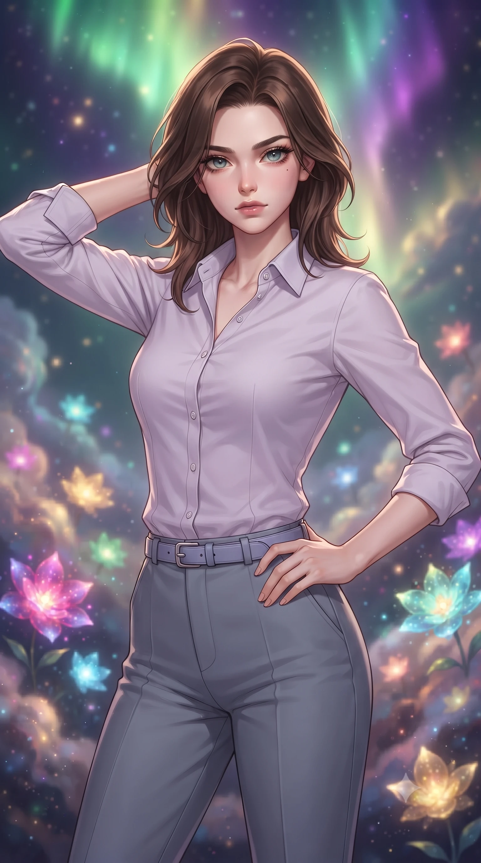 score_9, masterpiece, best quality, ultra-detailed, high-budget anime keyframe, editorial fashion photography, tasteful artistic composition, Korean woman. close-up cowboy shot from the waist and thighs up, the character dominates the composition, filling the frame with her large presence, background elements kept in soft focus. Placing one hand behind her head with confident body language and a direct stare. set against a soft-focus background of a celestial garden where infant stars bloom like luminous flowers inside swirling colorful nebula clouds of magenta cyan and gold each proto-star casting its own warm glow onto petals of cosmic gas. She has an exceptionally elegant and slender, willowy female figure with an ultra-slim waist, a gracefully sculpted slender torso, and a refined slim physique. sharp v-shaped jawline, high-bridge nose, intricate jewel-like eyes with depth, thick eyelashes, glossy lips with a natural sheen. wearing a pale lilac button-down shirt paired with tailored slate grey trousers and a matching slim leather belt. illuminated by a shifting aurora palette of green violet and gold from above. 2k, ultra detail, master piece, 9:16 ratio