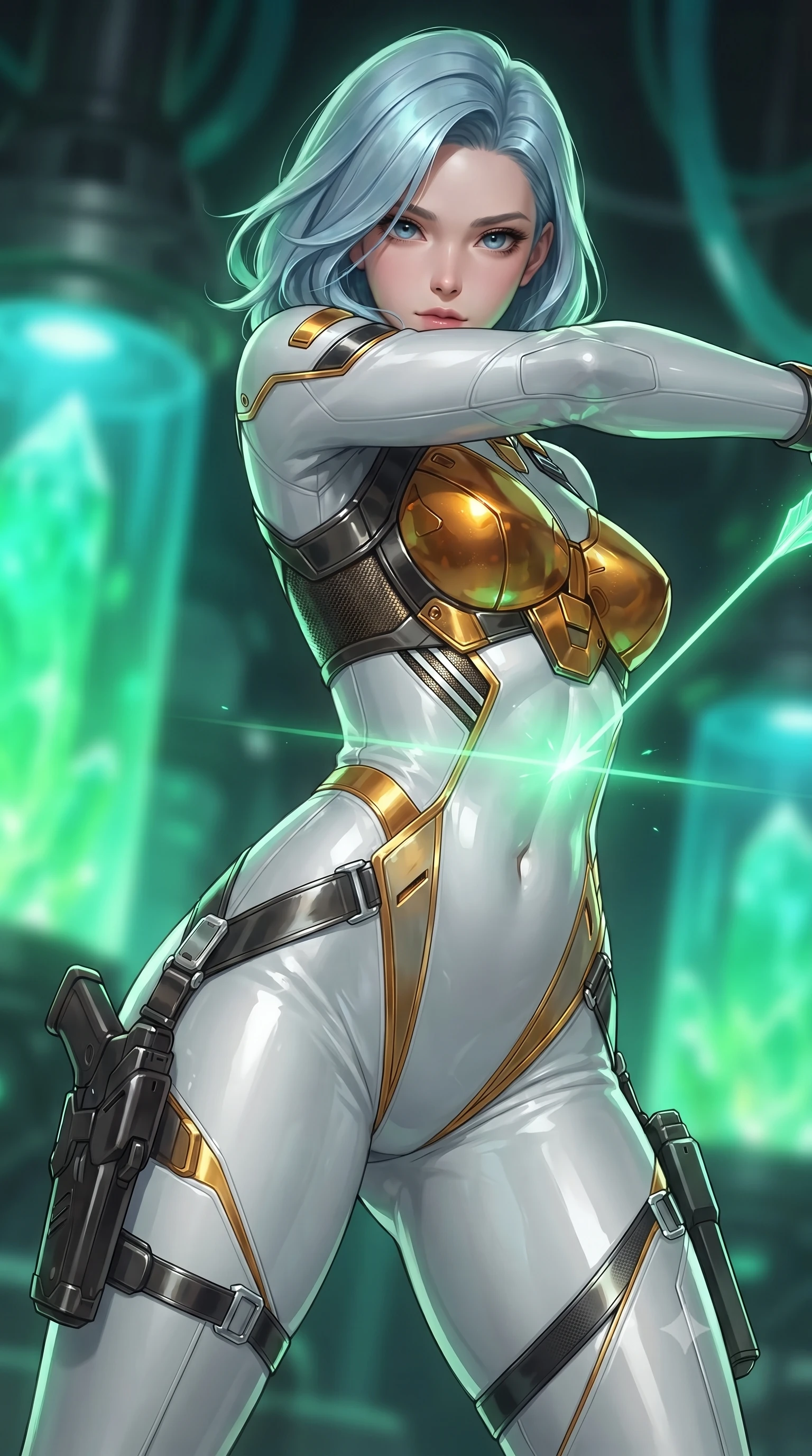 score_9, masterpiece, best quality, ultra-detailed, high-budget anime keyframe, editorial fashion photography, tasteful artistic composition, Korean woman. close-up cowboy shot from the waist and thighs up, the character dominates the composition, filling the frame with her large presence. stretching forward with an alluring arch of her spine, glancing over her shoulder with divine self-assurance and magnetic intensity while pivoting dynamically as a pure photon arrow forms in her fingers, casting radiant green light across her sculpted flat midriff. The composition keeps background elements in soft focus with creamy bokeh. massive glowing emerald reactor crystals and pulsing coolant tubes blurred into rich green and turquoise bokeh. She has an exceptionally elegant, slender, and willowy female figure with an ultra-slim waist, a gracefully sculpted slender torso, toned flat midriff, and a refined slim silhouette. sharp v-shaped jawline, high-bridge nose, intricate jewel-like eyes with depth, thick eyelashes, glossy lips with a natural sheen, flawlessly proportioned anatomical accuracy, strict slender model proportions, natural body alignment, perfectly sculpted long slender limbs, ultra-slim waistline, clean dynamic posture without body distortion. wearing a form-contouring arctic white carbon-composite battle-suit with solar gold trim and diagonal midriff vents, aiming a precision carbon-fiber railgun sniper rifle with divine focus in molten amber-gold carbon cuirass with dark titanium weave, formed from high-gloss patent carbon-plating with specular chiaroscuro reflections, detailed with magnetic weapon holsters and polished chrome connection clasps, the liquid-tight tailored fabric emphasizing every curve of her tall, slender model proportions and sculptured silhouette during dynamic movement. illuminated by crisp white key lighting with sharp specular highlights tracing her slender curves. ultra-reflective glossy finish, specular highlights, dark metallic sheen, high-contrast stereoscopic depth, volumetric dynamic lighting, 2k, ultra detail, master piece, 9:16 ratio