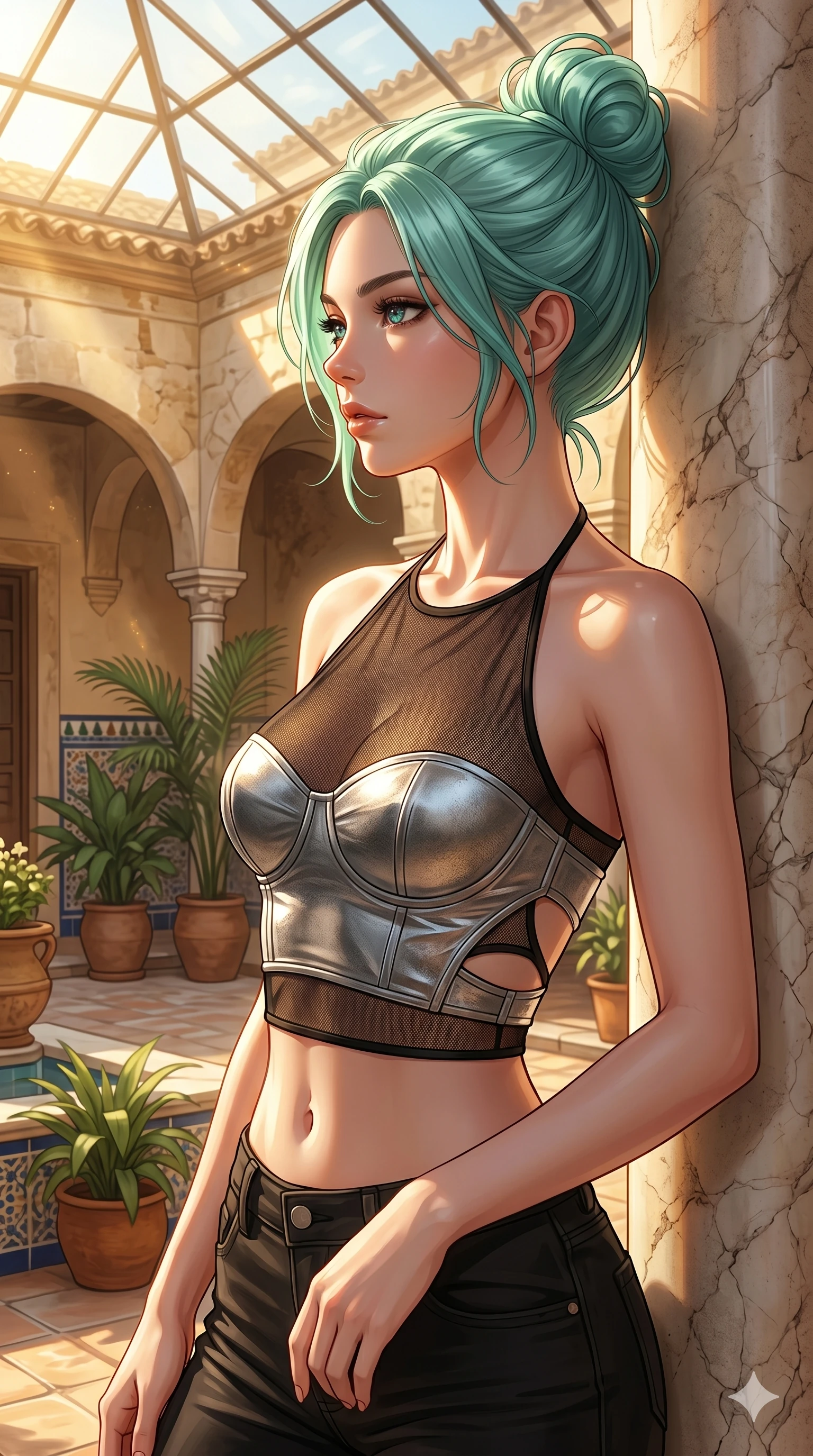 score_9, masterpiece, best quality, ultra-detailed, high-budget anime keyframe, editorial fashion photography, tasteful artistic composition, Japanese woman. cowboy shot from the thighs up, character and outfit filling the frame for maximum editorial presence. posing with quiet magnetic self-assurance, her face turned in a sharp profile against the golden light leaning against a marble column in a sun-drenched private courtyard of an old Spanish hacienda (Code-P006). She has an absolutely perfect 8-heads proportion, an exceptionally tall and slender female figure with impossibly long slender legs and an ultra-slim waist. V-shaped jawline, high-bridge nose, intricate jewel-like eyes with depth, thick eyelashes, glossy lips with a natural sheen. wearing a sheer mesh crop halter top over a structured silver bustier with side cutouts showing her midriff. drenched in soft morning sunbeams filtering through the glass roof, highlighting her delicate clavicle. 2k, ultra detail, master piece, 9:16 ratio