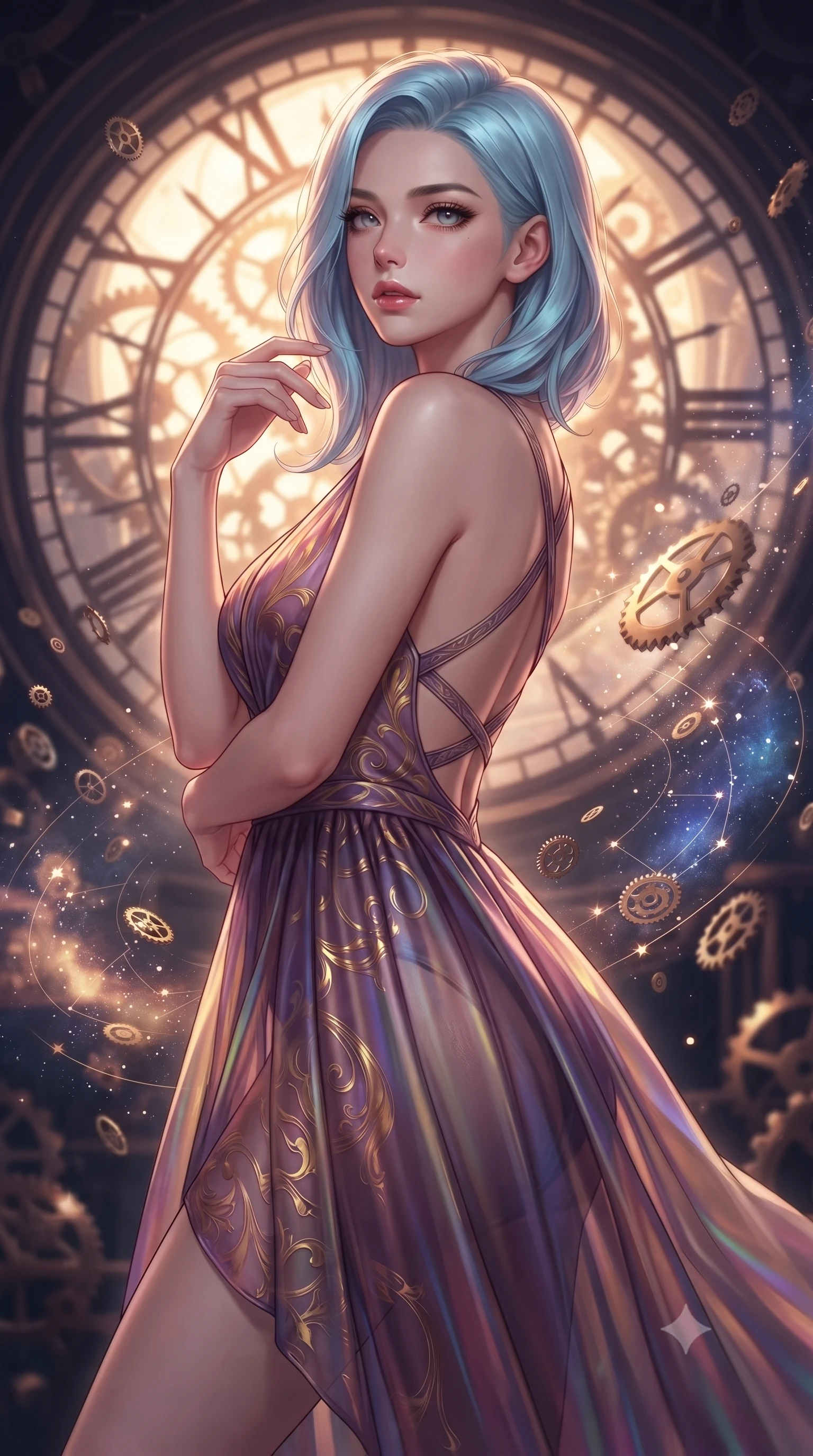 score_9, masterpiece, best quality, ultra-detailed, high-budget anime keyframe, editorial fashion photography, tasteful artistic composition, Korean woman. close-up cowboy shot from the waist and thighs up, the character dominates the composition, filling the frame with her large presence, background elements kept in soft focus. Gazing past the camera with an air of effortless elegance and mysterious confidence navigating a blizzard of floating analog gear parts and glowing star maps, dramatic twilight amber light streaming through the giant clock window. She has an exceptionally elegant, slender, and willowy female figure with an ultra-slim waist, a gracefully sculpted slender torso, and a refined silhouette. sharp v-shaped jawline, high-bridge nose, intricate jewel-like eyes with depth, thick eyelashes, glossy lips with a natural sheen. wearing a translucent iridescent chiffon gown with a plunging neckline and open back in plum purple and gold filigree, crafted from iridescent chiffon that shifts colors in the light, complemented by criss-cross back straps highlighting her bare shoulders, the elegant draped fit framing her graceful clavicle and slender torso. illuminated by a brilliant golden hour glow filtering through clockwork dials. highly saturated vibrant anime colors, detailed shading with soft gradients, rich glossy textures, high-contrast stereoscopic depth, volumetric dynamic lighting, master piece, 9:16 ratio