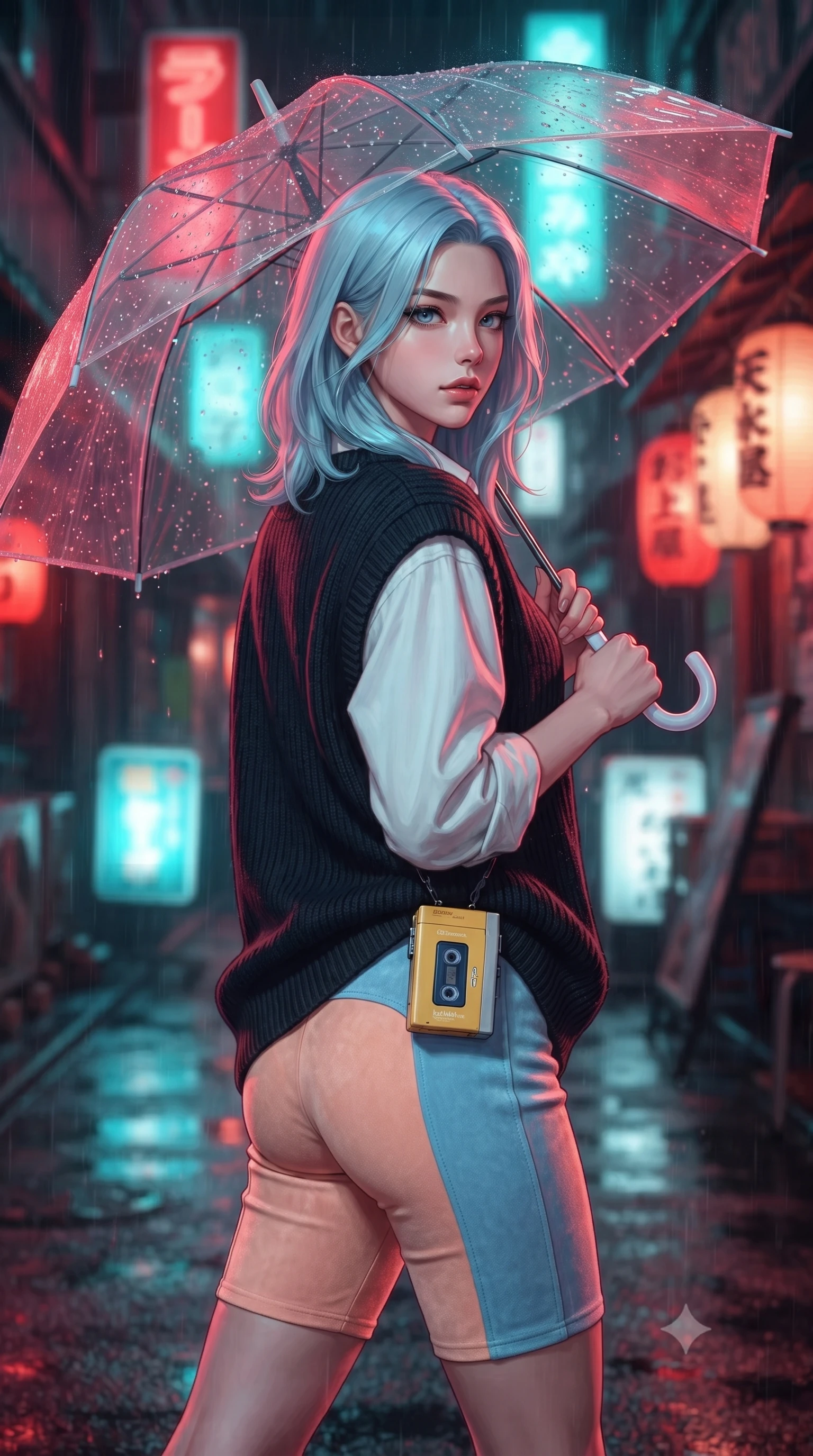 score_9, masterpiece, best quality, ultra-detailed, high-budget anime keyframe, editorial fashion photography, tasteful artistic composition, Korean woman. close-up cowboy shot from the waist and thighs up, the character dominates the composition, filling the frame with her large presence. turning over her shoulder with an indomitable, smoldering gaze, her soft hair framing her razor-sharp v-shaped jawline while strolling along a rain-drenched 1990s Tokyo neon back-alley, holding a transparent umbrella that catches vivid reflections. The composition keeps background elements in soft focus with creamy bokeh. splattering raindrops on umbrella plastic and neon glare scattering soft nostalgic light motes. She has an exceptionally elegant, slender, and willowy female figure with an ultra-slim waist, a gracefully sculpted slender torso, toned flat midriff, and a refined slim silhouette. sharp v-shaped jawline, high-bridge nose, intricate jewel-like eyes with depth, thick eyelashes, glossy lips with a natural sheen, captivating and magnetic expression, flawlessly proportioned anatomical accuracy, strict slender model proportions, natural body alignment, perfectly sculpted long slender limbs, ultra-slim waistline, clean dynamic posture without body distortion. wearing an oversized 90s knit sweater vest worn over a crisp white boyfriend shirt and cycling shorts in soft peach and French sky blue, tailored from velvety soft genuine suede with classic stitched seams, accessorized with a vintage portable cassette Walkman clipped to her waistband, the liquid-tight tailored fabric emphasizing every curve of her tall, slender model proportions and sculptured silhouette during dynamic movement. bathed in rich neon red and cyan streetlamp glow bouncing off wet asphalt surfaces. ultra-reflective glossy finish, specular highlights, rich textural contrasts, high-contrast stereoscopic depth, volumetric dynamic lighting, 2k, ultra detail, master piece, 9:16 ratio