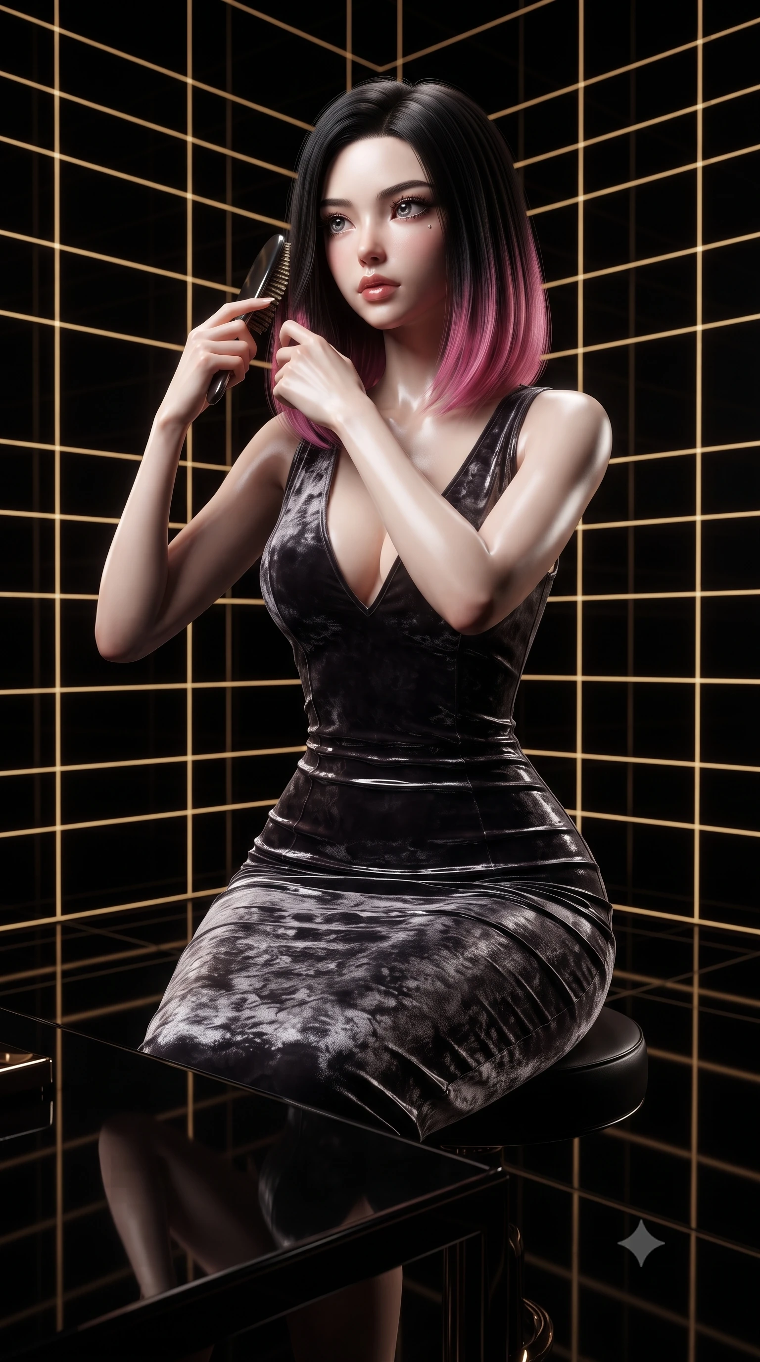 score_9, masterpiece, best quality, ultra-detailed, High-budget Anime Keyframe, editorial fashion photography, tasteful artistic composition, realistic cosplay photography, East Asian woman. Low angle cowboy shot filling the entire 9:16 frame with her statuesque presence. Scenario 256: brushing her hair while seated before a vanity of black glass in a digital arena where gold gridlines project onto the black walls. Her presence is magnetic and overpowering in this high-budget cinematic scene. Outfit 256: a body-hugging crushed dark velvet liquid with a plunging V-neckline and tight-fitting silhouette. The clothing is designed to emphasize her exceptionally tall and slender 8-heads proportion. 8-heads proportion, towering silhouette, ultra-slim waist. sharp v-shaped jawline, intricate jewel-like eyes with depth, thick eyelashes, glossy lips. ultra-reflective glossy finish, specular highlights, metallic sheen, high-contrast stereoscopic depth, volumetric dynamic lighting, 2k, ultra detail, master piece, 9:16 ratio