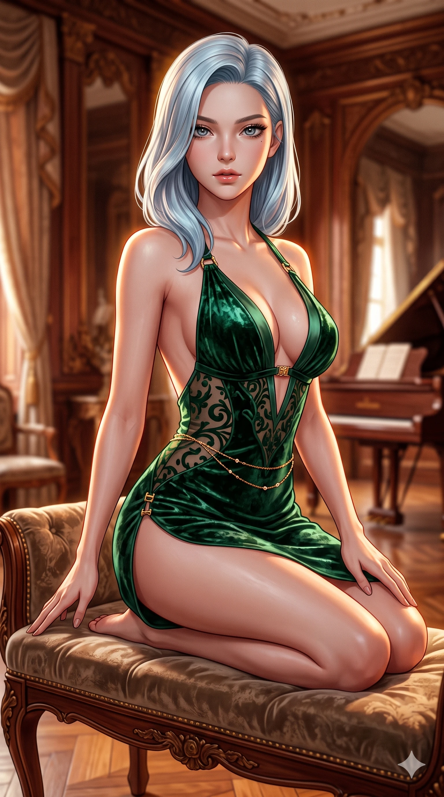 score_9, masterpiece, best quality, ultra-detailed, high-budget anime keyframe, semi-realistic 3D game render, editorial fashion photography, tasteful artistic composition, Korean woman. close-up cowboy shot from the waist and thighs up, the character dominates the composition, filling the frame with her large presence. perched sideways on the vintage settee, one knee drawn up to showcase her slender leg line while her arched back accentuates her feminine hip curve while perched sideways on the velvet-upholstered music bench, one knee drawn up to showcase her slender leg line while her arched back accentuates her feminine hip curve. The background shows a soft-focus intimate classical music salon atmosphere softened in baroque conservatoire shallow focus. She has an exceptionally elegant, slender, and willowy female figure with an ultra-slim waist, flat toned midriff, narrow ribcage, and sculpted feminine hips creating an alluring, slim hourglass silhouette without bulk. sharp v-shaped jawline, high-bridge nose, intricate jewel-like sparkling eyes with depth, thick eyelashes, glossy parted lips with a natural sheen, intensely captivating and seductive bedroom-eyes expression, exuding both youthful cute charm and sovereign luxury allure, flawlessly proportioned anatomical accuracy, strict slender model proportions, natural body alignment, perfectly sculpted long slender limbs, ultra-slim waistline, clean dynamic posture without body distortion. wearing a backless crushed velvet mini dress with a deep plunging neckline and hip-high thigh slit in deep emerald green satin and gold hardware accents, made of sheer contouring power-mesh with velvet flocking patterns, accented with a dainty gold belly chain resting across her flat midriff and curving hips, the glove-like clinging cut tightly following the natural contour of her hips and long slender legs with youthful 8.5-heads elegance. illuminated by polished rosewood bounce and sharp amber-gold rim lights sculpting her razor-sharp jawline, narrow waist, and curvy hips. highly saturated vibrant anime colors, detailed shading with soft gradients, rich glossy textures, high-contrast stereoscopic depth, volumetric dynamic lighting, master piece, 9:16 ratio