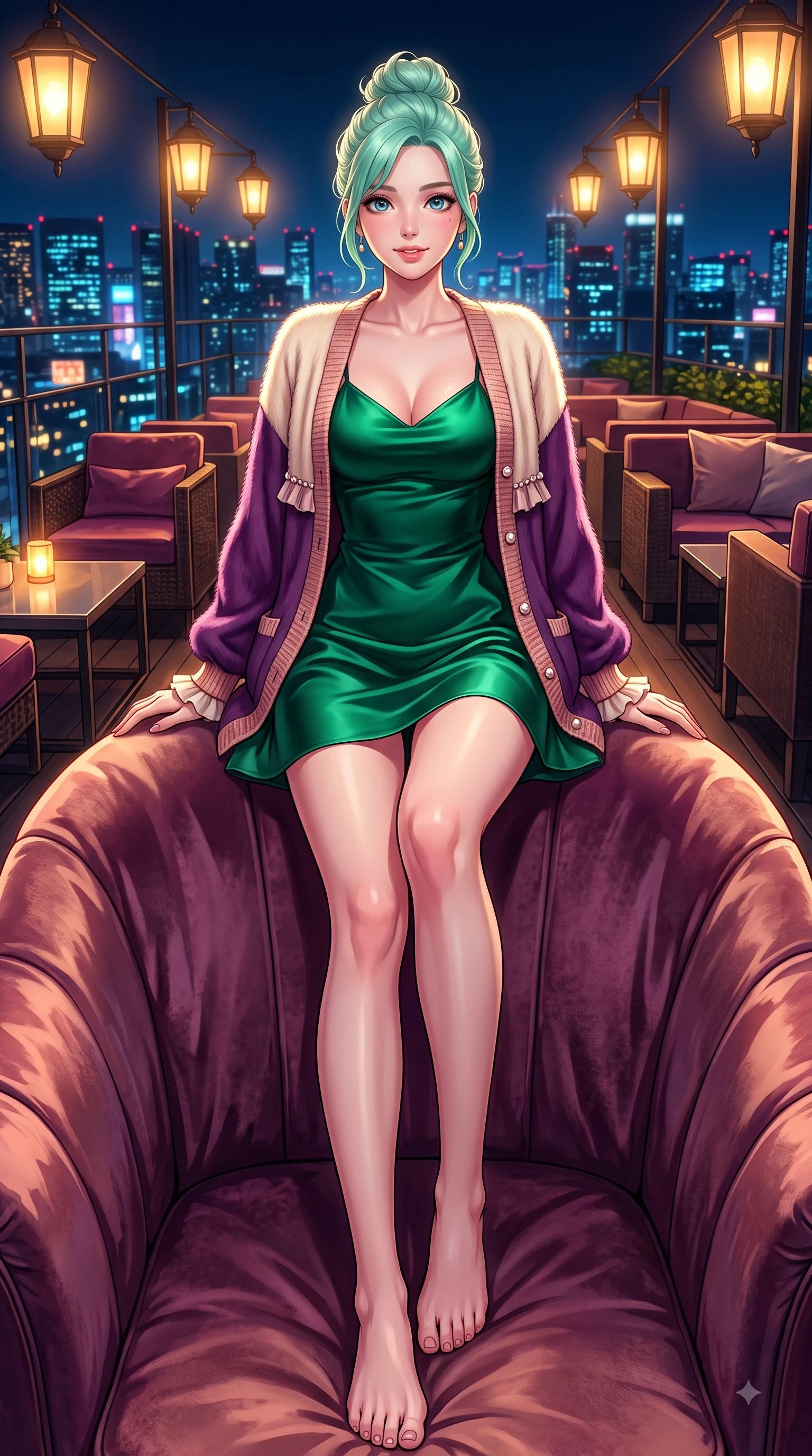 score_9, masterpiece, best quality, ultra-detailed, high-budget anime keyframe, editorial fashion photography, tasteful artistic composition, Japanese woman. low angle full-body shot from head to toe showing her feet, filling the entire 9:16 vertical frame with her statuesque presence, stretching her vertical silhouette. Expectant hopeful expression with wide sparkling eyes and a soft eager smile as if waiting for a loved one while lounging in a velvet designer chair under warm ambient outdoor lanterns. The surrounding environment is rendered in vivid detail and crisp panoramic clarity. vibrant city night lights and sleek rooftop lounge decor captured with environmental precision. She has an absolutely perfect, statuesque 8.5-heads proportion, an exceptionally tall and slender model-like female figure with impossibly long slender legs and an ultra-slim waist. sharp v-shaped jawline, high-bridge nose, intricate jewel-like eyes with depth, thick eyelashes, glossy lips with a natural sheen, flawlessly proportioned anatomical accuracy, natural body alignment, perfectly sculpted elegant limbs, clean dynamic posture without body distortion. wearing a rich emerald green satin slip dress layered under a plush cream cardigan in deep amethyst purple and rose gold, tailored from crisp high-density cotton poplin, accented with delicate pearl buttons and refined ruffle trims, the tailored fit highlighting her statuesque and model-like silhouette. surrounded by an opulent, glamorous, and high-fashion nightlife editorial aura. highly saturated vibrant anime colors, detailed shading with soft gradients, rich glossy textures, high-contrast stereoscopic depth, volumetric dynamic lighting, master piece, 9:16 ratio