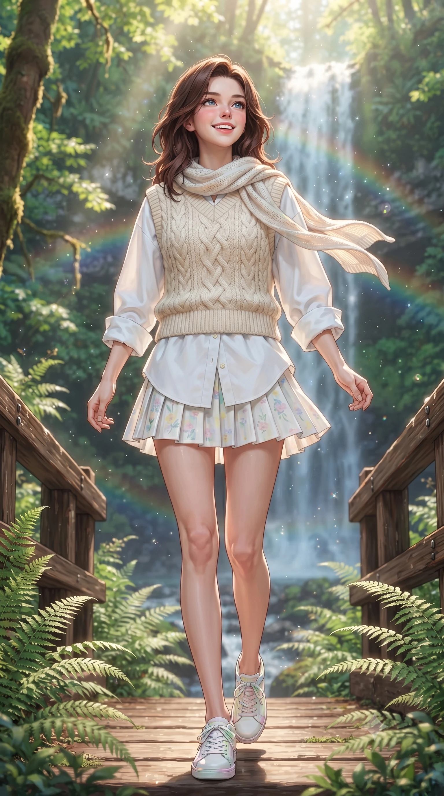 score_9, masterpiece, best quality, ultra-detailed, high-budget anime keyframe, editorial fashion photography, tasteful artistic composition, Korean woman. low angle full-body shot from head to toe showing her feet, filling the entire 9:16 vertical frame with her statuesque presence, stretching her vertical silhouette. walking forward in a cheerful, dynamic stride with a radiant beaming smile, her statuesque silhouette filling the frame while looking up at the shimmering waterfall with wonder and joy, water spray catching miniature rainbows in the sunlight. The surrounding environment is rendered in vivid detail and crisp panoramic clarity. intricate fern fronds, rustic cedar bridge railings, and sun-dappled forest canopy in high resolution. She has an absolutely perfect, statuesque 8.5-heads proportion, an exceptionally tall and slender model-like female figure with impossibly long slender legs, a toned flat midriff, and an ultra-slim waist. sharp v-shaped jawline, high-bridge nose, intricate jewel-like eyes with depth, thick eyelashes, glossy lips with a natural sheen, pure and lovely fresh girlhood expression, flawlessly proportioned anatomical accuracy, strict slender model proportions, natural body alignment, perfectly sculpted long slender limbs, ultra-slim waistline, clean dynamic posture without body distortion. wearing a cozy cable-knit sweater vest layered over an oversized crisp white shirt and a pleated tennis skirt in fresh alpine white with subtle pastel floral accents, knitted from ultra-soft cozy baby-cashmere yarn, finished with a lightweight knitted scarf draped loosely around her neck, the breezy lightweight fabric fluttering softly against her delicate collarbones, narrow waist, and feminine curves. illuminated by soft emerald forest bounce light accentuating her natural beauty and lovely outfit. ultra-reflective glossy finish, specular highlights, rich natural textures, high-contrast stereoscopic depth, volumetric dynamic lighting, 2k, ultra detail, master piece, 9:16 ratio