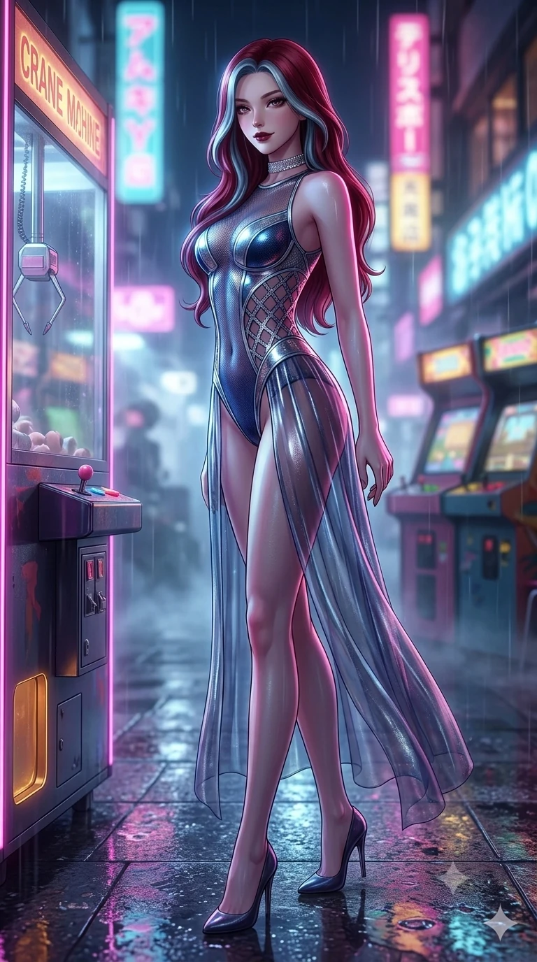score_9, masterpiece, best quality, ultra-detailed, high-budget anime keyframe, semi-realistic 3D game render, editorial fashion photography, tasteful artistic composition, Caucasian woman. low angle full-body shot from head to toe showing her feet, filling the entire 9:16 vertical frame with her statuesque presence, stretching her vertical silhouette. executing a slow, elegant turn as her liquid gown flutters around her slender legs, glancing over her shoulder with an intoxicating, seductive bedroom-gaze while twisting her slender torso in an alluring S-curve beside the retro crane machine vitrine, colorful game lights dancing across her curves. The background shows a soft-focus retro-futuristic Tokyo entertainment district softened in rain-soaked shallow focus. She has an exceptionally tall and slender model-like 8.5-heads proportion, an ultra-slim waist, a flat toned midriff, narrow delicate ribcage, and beautifully sculpted feminine hips creating a graceful, slim hourglass silhouette without any bulky heaviness, with impossibly long slender legs. sharp v-shaped jawline, high-bridge nose, intricate jewel-like dark sparkling eyes with dangerous depth, thick curled eyelashes, glossy parted lips with a rich wine sheen, smoldering seductive half-smile with bedroom-eyes, exuding effortless superiority and intoxicating dark allure, flawlessly proportioned anatomical accuracy, strict slender model proportions, natural body alignment, perfectly sculpted long slender limbs, ultra-slim waistline, clean dynamic posture without body distortion. wearing a delicate semi-translucent wet-look mesh bodysuit clinging sheerly to her sculpted torso and hip curves in midnight sapphire navy and chrome silver, adorned with laser-cut diamond side panels revealing teasing glimpses of bare skin, finished with a delicate diamond choker catching the chandelier light, the bespoke structured tailoring following the natural line of her 8.5-heads silhouette with refined elegance. illuminated by wet terrazzo floor bounce and sharp neon-pink rim lights defining her razor-sharp jawline, narrow waist, and curvy hips. highly saturated vibrant anime colors, detailed shading with soft gradients, rich glossy textures, high-contrast stereoscopic depth, volumetric dynamic lighting, master piece, 9:16 ratio