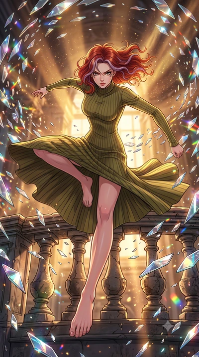 score_9, masterpiece, best quality, ultra-detailed, high-budget anime keyframe, clean line-art, cel-shading, Caucasian woman, strictly human ears. low angle full-body shot from head to toe showing her feet, filling the entire 9:16 vertical frame with
