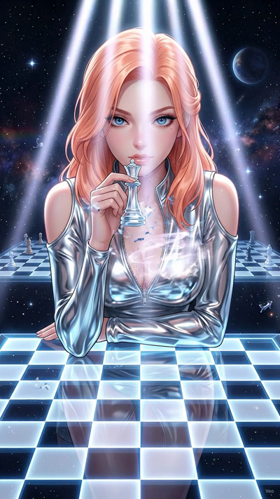 A cinematic camera pan of the character in a futuristic setting. Volumetric sunlight streams through the windows, creating dynamic rainbow lens flares and moving light beams. Cybernetic particles and soft cosmic dust float gently in the air. A subtle