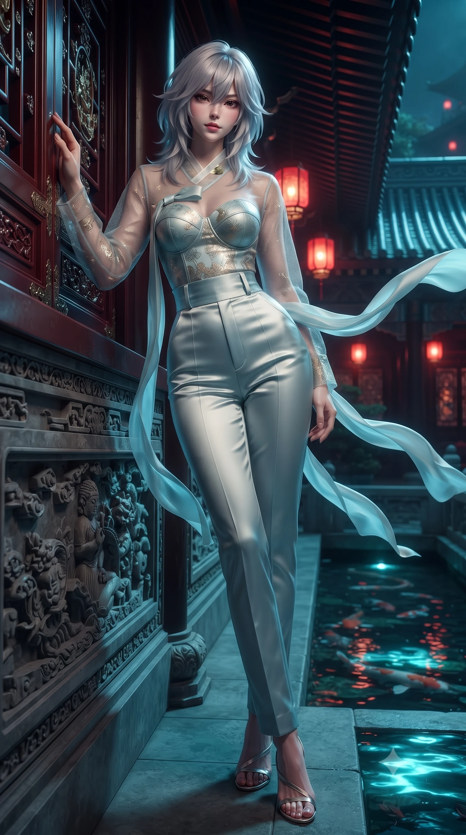 score_9, masterpiece, best quality, ultra-detailed, high-budget anime keyframe, editorial fashion photography, tasteful artistic composition, Japanese woman. low angle full-body shot from head to toe showing her feet, filling the entire 9:16 vertical frame with her statuesque presence, stretching her vertical silhouette. leaning deep against the ancient temple wall with hips cocked back in an unapologetically alluring high-fashion stance, flashing a warm beaming smile while leaning against the vermilion bridge balustrade with hips cocked back, casting an intoxicating bedroom-gaze over the illuminated koi pond. The surrounding environment is rendered in vivid detail and crisp panoramic clarity: sharp carved stone balustrade relief, upturned roof ceramic tile edges, and water ripple clarity in deep focus. She has an absolutely perfect, statuesque 8.5-heads proportion, an exceptionally tall and slender model-like female figure with impossibly long slender legs, an ultra-slim waist, a flat toned midriff, narrow delicate ribcage, and beautifully sculpted feminine hips creating a graceful, slim hourglass silhouette without any bulky heaviness. sharp v-shaped jawline, high-bridge nose, intricate jewel-like dark sparkling almond eyes with depth, thick lashes, glossy parted lips with a natural rose-plum sheen, bright alluring and coquettish smile with bedroom-eyes, exuding both timeless oriental elegance and sovereign high-fashion allure, flawlessly proportioned anatomical accuracy, strict slender model proportions, natural body alignment, perfectly sculpted long slender limbs, ultra-slim waistline, clean dynamic posture without body distortion. wearing a sheer technical mesh and silk hanbok blouse worn over a sculpted sweetheart bustier with high-waisted tailored silk trousers in pure celadon porcelain blue and cloud white, woven from metallic gold and silver thread casting subtle starlight glints, accented with flowing gossamer silk ribbons that flutter dynamically in the evening breeze, the liquid-tight tailored silk fabric clinging flawlessly to her narrow waist and rounded feminine hips, emphasizing every millimeter of her sculpted slim hourglass curves without any bulky heaviness. bathed in vibrant red lantern warmth and cool electric cyan water reflections. ultra-reflective glossy finish, specular highlights, rich textural contrasts, high-contrast stereoscopic depth, volumetric dynamic lighting, 2k, ultra detail, master piece, 9:16 ratio