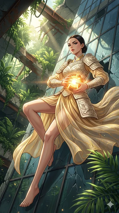 score_9, masterpiece, best quality, ultra-detailed, Set A: High-budget Anime Keyframe, Korean woman. Low angle cowboy shot filling the entire 9:16 frame with her statuesque presence. Theme: Historical Remix. sliding down a glass skyscraper in a ruine