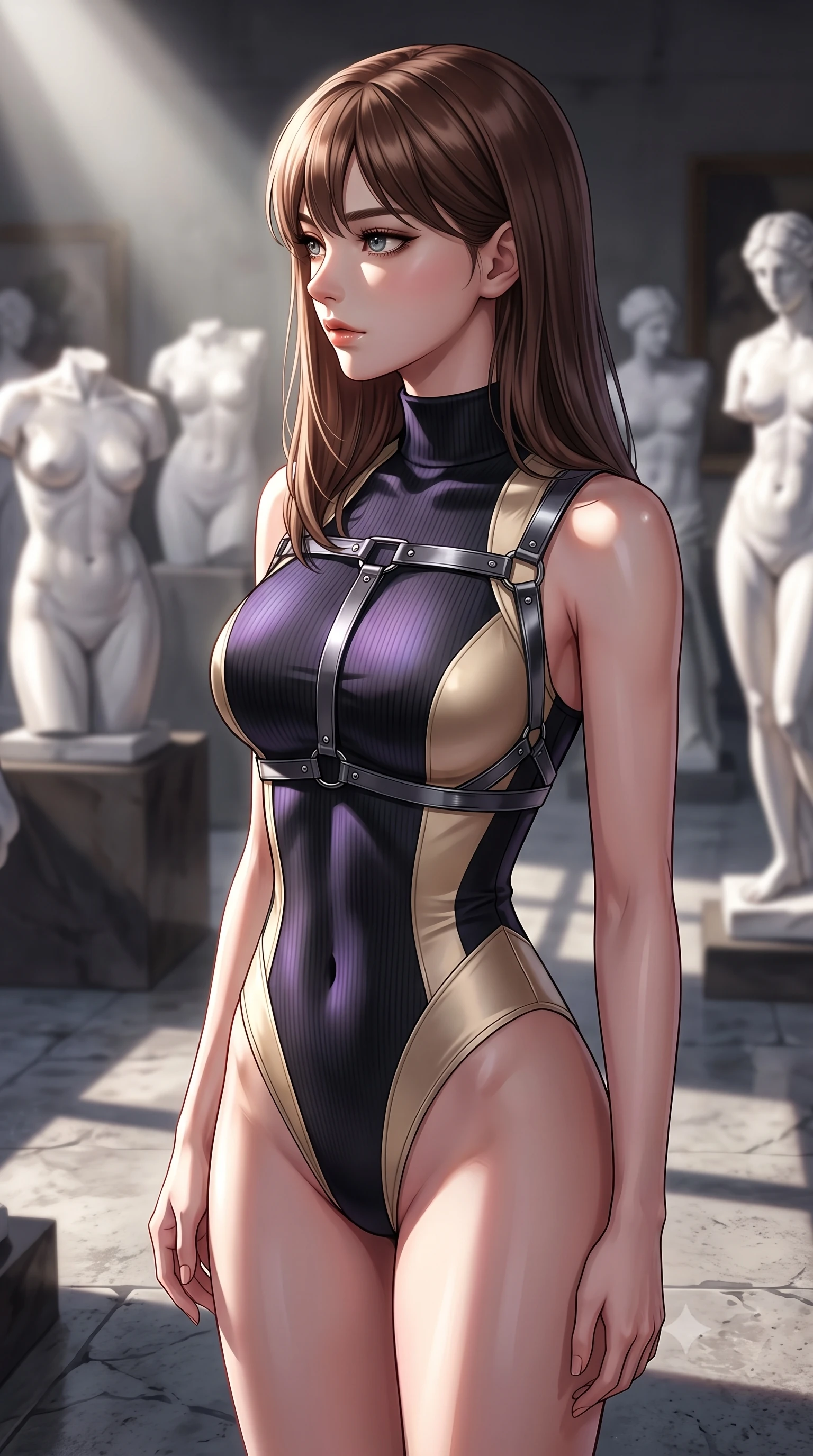 score_9, masterpiece, best quality, ultra-detailed, high-budget anime keyframe, editorial fashion photography, tasteful artistic composition, Korean woman. close-up cowboy shot from the waist and thighs up, the character dominates the composition, filling the frame with her large presence, background elements kept in soft focus. Turning her face in sharp dramatic profile against the key light, standing in a secluded private art gallery filled with white marble torso sculptures, dramatic chiaroscuro lighting projecting sharp sculptural shadows on the floor. She has an exceptionally elegant, slender, and willowy female figure with an ultra-slim waist, a gracefully sculpted slender torso, and a refined silhouette. sharp v-shaped jawline, high-bridge nose, intricate jewel-like eyes with depth, thick eyelashes, glossy lips with a natural sheen. wearing sleek high-neck ribbed activewear bodysuit in matte black in champagne gold, made of iridescent dark violet taffeta, highlighted by a gunmetal metallic harness structure, sculpting her athletic slender build with refined precision. lit by crisp spotlight rays accentuating her refined physical contours. highly saturated vibrant anime colors, detailed shading with soft gradients, rich glossy textures, high-contrast stereoscopic depth, volumetric dynamic lighting, master piece, 9:16 ratio