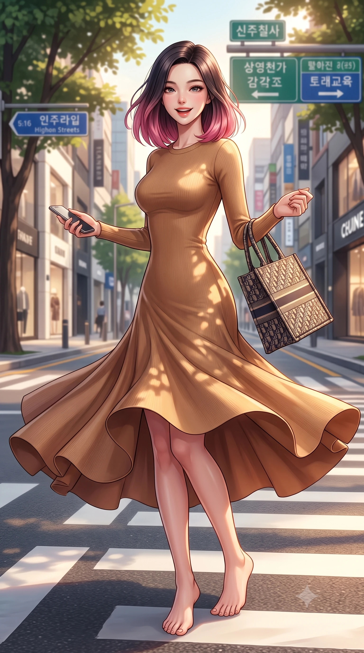 score_9, masterpiece, best quality, ultra-detailed, high-budget anime keyframe, editorial fashion photography, tasteful artistic composition, Korean woman. low angle full-body shot from head to toe showing her feet, filling the entire 9:16 vertical frame with her statuesque presence, stretching her vertical silhouette. twirling around with a playful, cute laugh, her skirt billowing beautifully in the air set against a soft-focus background of on a modern city street crossing with sleek crosswalk markings and signs carrying a chic canvas tote bag and a smart phone in her hand. She has an absolutely perfect, statuesque 8.5-heads proportion, an exceptionally tall and slender model-like female figure with impossibly long slender legs and an ultra-slim waist. sharp v-shaped jawline, high-bridge nose, intricate jewel-like eyes with depth, thick eyelashes, glossy lips with a natural sheen. wearing form-contouring sleek, body-hugging long-sleeve knit dress in camel, outlining her slender silhouette. dappled sunlight filtering through the street trees, casting soft shadows. highly saturated vibrant anime colors, detailed shading with soft gradients, rich glossy textures, high-contrast stereoscopic depth, volumetric dynamic lighting, master piece, 9:16 ratio