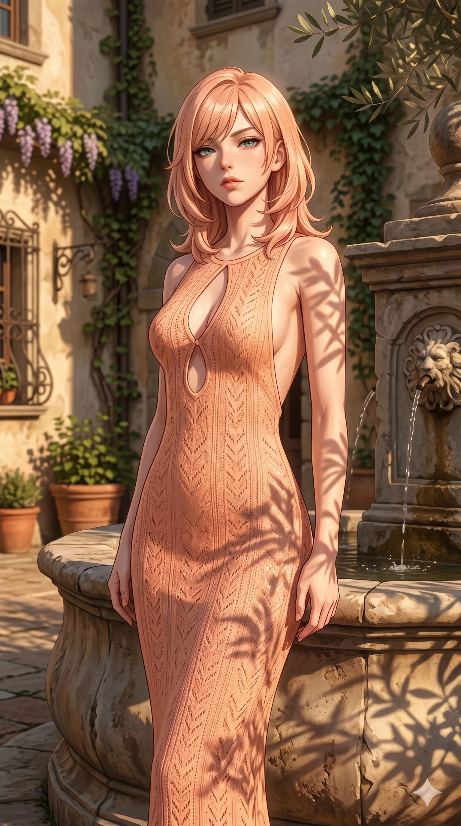 score_9, masterpiece, best quality, ultra-detailed, high-budget anime keyframe, editorial fashion photography, tasteful artistic composition, Japanese woman. cowboy shot from the thighs up, character and outfit filling the frame for maximum editorial presence. looking down at the viewer with a haughty, composed and cool expression, her shoulders relaxed standing by a rustic stone fountain in a quiet private courtyard of a Tuscan villa (Code-P147). She has an absolutely perfect 8-heads proportion, an exceptionally tall and slender female figure with impossibly long slender legs and an ultra-slim waist. V-shaped jawline, high-bridge nose, intricate jewel-like eyes with depth, thick eyelashes, glossy lips with a natural sheen. wearing a form-fitting peach-colored knit dress with an elegant keyhole cutout and bare back design. bathed in warm, golden afternoon sunbeams casting soft organic shadows of leaves on her skin. 2k, ultra detail, master piece, 9:16 ratio