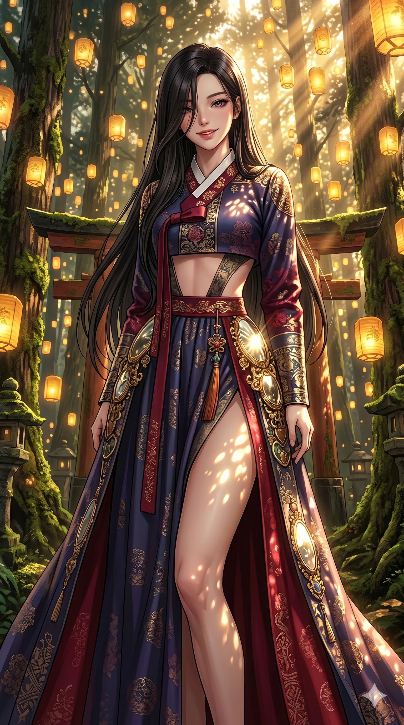 score_9, masterpiece, best quality, ultra-detailed, high-budget anime keyframe, editorial fashion photography, tasteful artistic composition, Korean woman. cowboy shot from the thighs up, character and outfit filling the frame for maximum editorial presence. tilting her head with a playful, teasing smile, letting hair fall over her eyes in a sacred shinto forest with golden floating lanterns (Code-P17-111). She has an absolutely perfect 8-heads proportion, an exceptionally tall and slender female figure with impossibly long slender legs and an ultra-slim waist. V-shaped jawline, high-bridge nose, intricate jewel-like eyes with depth, thick eyelashes, glossy lips with a natural sheen. wearing a fusion hanbok featuring an exposed waist and high slit. warm golden afternoon sunbeams reflecting off the mirrors, casting bright light patterns. 2k, ultra detail, master piece, 9:16 ratio