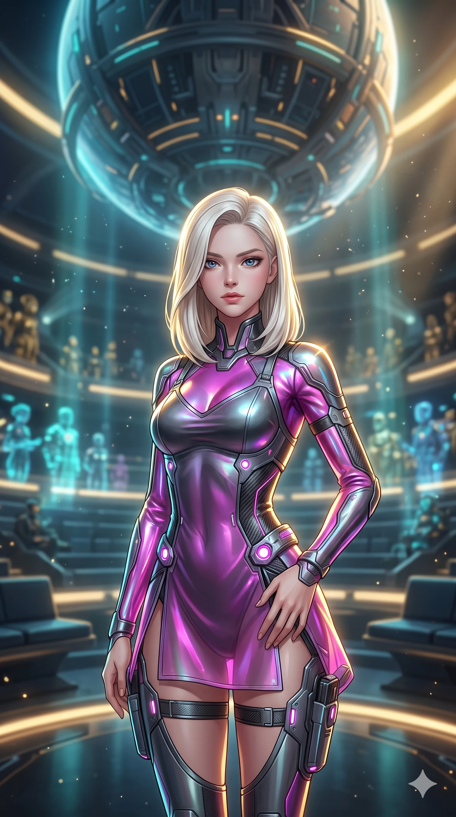 score_9, masterpiece, best quality, ultra-detailed, high-budget anime keyframe, semi-realistic 3D game render, editorial fashion photography, tasteful artistic composition, Caucasian woman. close-up cowboy shot from the waist and thighs up, the character dominates the composition, filling the frame with her large presence. twisting her slender torso in an alluring S-curve, dynamic rim light painting her narrow waist and curvy hips in fire while standing in the center of the semicircular amphitheater beneath a colossal floating planetary matrix, arching her spine with sovereign authority as hundreds of holographic diplomatic delegations surround her. The background shows a soft-focus diplomatic chamber atmospheric dust motes blurred into cyan, gold, and obsidian bokeh. She has an exceptionally elegant, slender, and willowy female figure with an ultra-slim waist, flat toned midriff, narrow ribcage, and sculpted feminine hips creating an alluring, slim hourglass silhouette without bulk. sharp v-shaped jawline, high-bridge nose, intricate jewel-like sparkling eyes with depth, thick eyelashes, glossy parted lips with a natural sheen, bright confident smile with an enchanting and coquettish sensual glint, exuding both youthful magnetic charm and sovereign high-tech allure, flawlessly proportioned anatomical accuracy, strict slender model proportions, natural body alignment, perfectly sculpted long slender limbs, ultra-slim waistline, clean dynamic posture without body distortion. wearing a form-contouring gossamer cyber-chiffon flight slip with a hip-high slit and open cowl back clinging with dewy moisture in deep titanium gunmetal and radiant magenta neon, made of flexible bullet-resistant ballistic microfiber with high-tensile strength, complemented by sleek cybernetic thigh holsters with illuminated power cells, the high-slit tactical tailoring accentuating her ultra-slim waistline and the enchanting curve of her feminine hips with alluring seductive charm. illuminated by polished black stone dais bounce and sharp gold-cyan rim lights sculpting her razor-sharp jawline, narrow waist, and curvy hips. highly saturated vibrant anime colors, detailed shading with soft gradients, rich glossy textures, high-contrast stereoscopic depth, volumetric dynamic lighting, master piece, 9:16 ratio