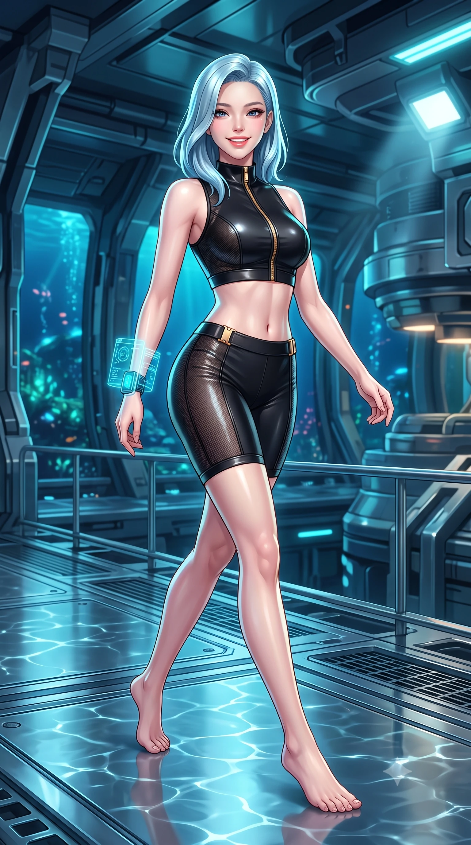 score_9, masterpiece, best quality, ultra-detailed, high-budget anime keyframe, semi-realistic 3D game render, editorial fashion photography, tasteful artistic composition, Korean woman. low angle full-body shot from head to toe showing her feet, filling the entire 9:16 vertical frame with her statuesque presence, stretching her vertical silhouette. striding forward gracefully across the reflective metal deck in mid-motion with a radiant beaming smile, hips swaying in an alluring kinetic rhythm that accentuates her curvy hourglass silhouette and long slender legs while twisting her slender torso in an alluring contrapposto stance, deep-sea bioluminescence playing across her narrow waist and rounded hips. The surrounding environment is rendered in vivid detail and crisp panoramic clarity: detailed compression suit sheen, water caustic reflections on skin, and deep-sea habitat architecture in razor-sharp precision. She has an absolutely perfect, statuesque 8.5-heads proportion, an exceptionally tall and slender model-like female figure with impossibly long slender legs, an ultra-slim waist, a flat toned midriff, narrow delicate ribcage, and beautifully sculpted feminine hips creating a graceful, slim hourglass silhouette without any bulky heaviness. sharp v-shaped jawline, high-bridge nose, intricate jewel-like sparkling eyes with depth, thick eyelashes, glossy parted lips with a natural sheen, bright confident smile with an enchanting and coquettish sensual glint, exuding both youthful magnetic charm and sovereign high-tech allure, flawlessly proportioned anatomical accuracy, strict slender model proportions, natural body alignment, perfectly sculpted long slender limbs, ultra-slim waistline, clean dynamic posture without body distortion. wearing a sleek two-piece combat athletic set with a zip-front mock-neck crop top and contouring biker shorts hugging her curvy hips in glossy onyx black and warm champagne gold hardware, crafted from sheer technical cyber-lace reinforced with ultra-thin Kevlar threads, featuring sleek glowing cyan HUD display wrist cuffs with floating data telemetry, the aerodynamic second-skin silhouette tightly following the natural contour of her hips and long slender legs with youthful 8.5-heads elegance. illuminated by external submarine floodlights and sharp cyan rim lights carving her razor-sharp jawline, narrow waist, and curvy hips. highly saturated vibrant anime colors, detailed shading with soft gradients, rich glossy textures, high-contrast stereoscopic depth, volumetric dynamic lighting, master piece, 9:16 ratio