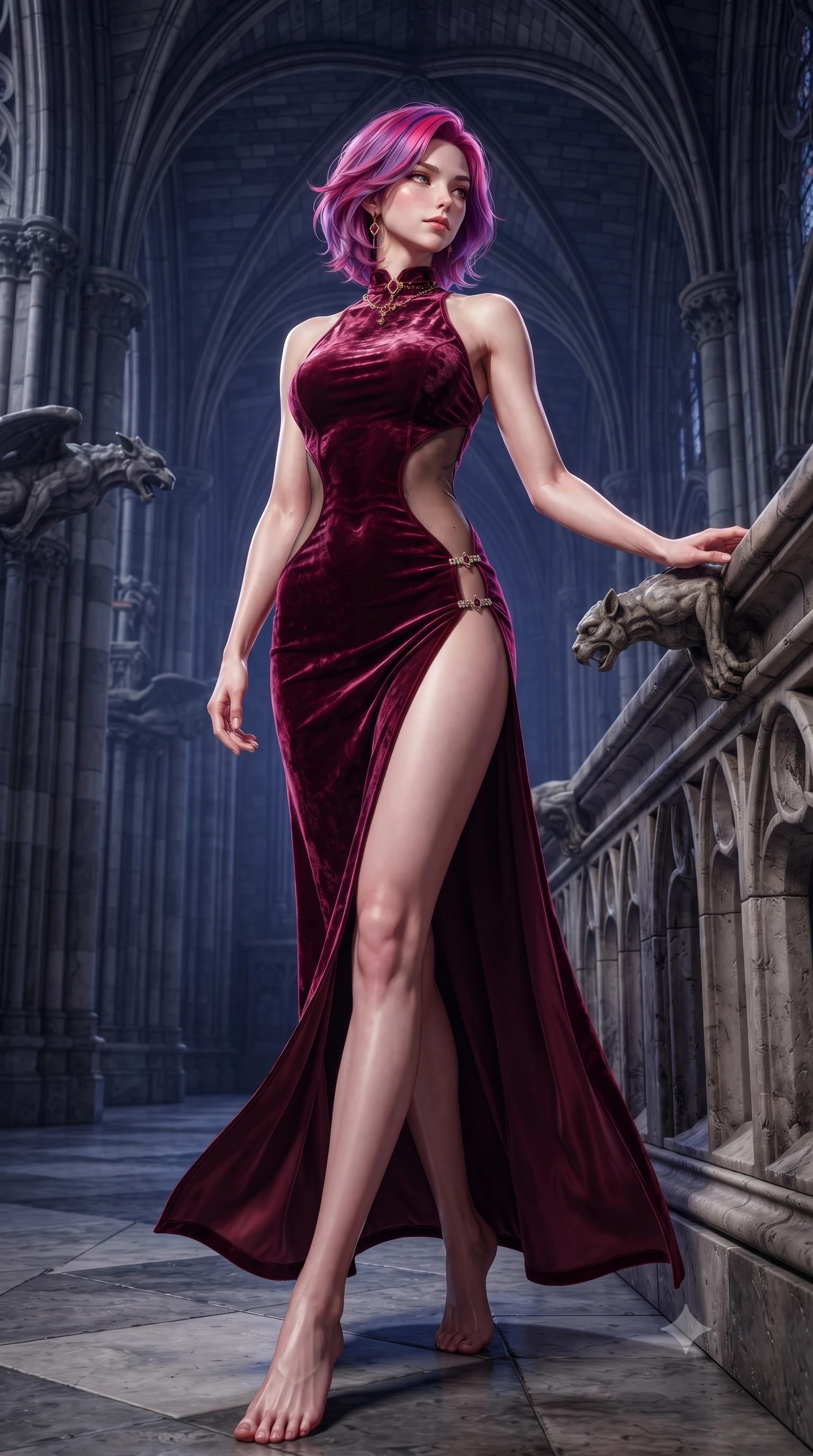 score_9, masterpiece, best quality, ultra-detailed, high-budget anime keyframe, editorial fashion photography, tasteful artistic composition, Caucasian woman. low angle full-body shot from head to toe showing her feet, filling the entire 9:16 vertical frame with her statuesque presence, stretching her vertical silhouette. striding forward in a proud, dynamic supermodel runway stride, hips swaying in an alluring kinetic rhythm that stretches her silhouette while resting one hand against a weathered gargoyle balustrade, looking back over her shoulder with an aloof, sovereign smirk. The surrounding environment is rendered in vivid detail and crisp panoramic clarity. intricate stone rib vaulting, gothic gargoyle carvings, and cold marble flagstone textures in deep focus. She has an absolutely perfect, statuesque 8.5-heads proportion, an exceptionally tall and slender model-like female figure with impossibly long slender legs, a toned flat midriff, and an ultra-slim waist. sharp v-shaped jawline, high-bridge nose, intricate jewel-like eyes with depth, thick eyelashes, glossy parted lips with a natural sheen, intensely captivating and seductive expression, flawlessly proportioned anatomical accuracy, strict slender model proportions, natural body alignment, perfectly sculpted long slender limbs, ultra-slim waistline, clean dynamic posture without body distortion. wearing a high-collar burgundy duchess satin gown with asymmetrical sheer side panels and thigh slit in deep royal wine burgundy and liquid gold, crafted from heavyweight crushed silk velvet with liquid luster, finished with an ultra-high side slit secured by miniature jeweled clasps, the precision-cut daring openings accentuating her delicate midriff, graceful bare collarbones, and ultra-slim feminine waistline. surrounded by an immortal, transcendent, and breathtakingly majestic gothic siren aura. ultra-reflective glossy finish, specular highlights, rich textural contrasts, high-contrast stereoscopic depth, volumetric dynamic lighting, 2k, ultra detail, master piece, 9:16 ratio