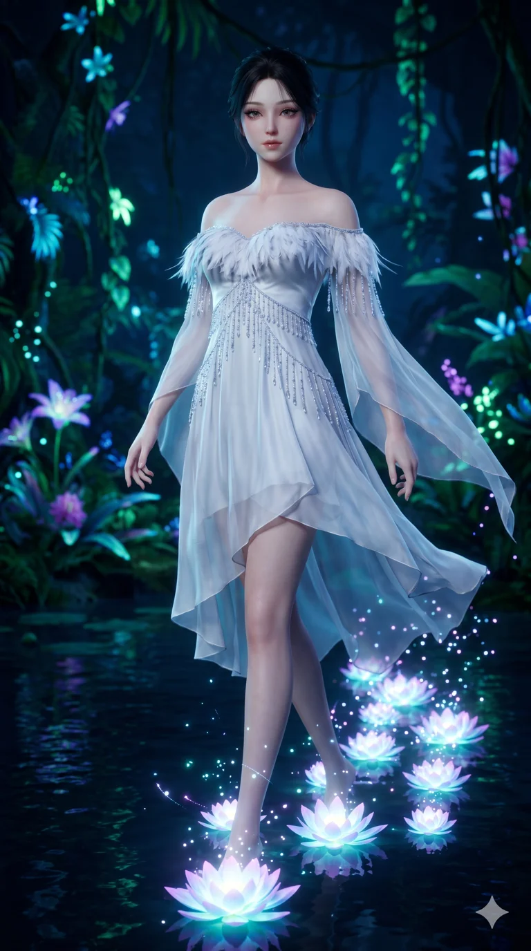 score_9, masterpiece, best quality, ultra-detailed, Semi-realistic 3D Game Render, high-fidelity character model, intricate textures, dynamic particle effects, Unreal Engine 5 aesthetic, crisp 3D depth, Japanese woman with delicate and elegant anime-inspired features. Upper body close-up from the thighs up, character filling the screen for maximum presence. Creating a path of glowing lotus flowers with every step across a dark lake. She has an absolutely perfect 8-heads proportion, an exceptionally tall and slender female figure with impossibly long slender legs and an ultra-slim waist, her statuesque height and towering silhouette dominating the vertical 9:16 frame. Her face is a masterpiece featuring a sharp v-shaped jawline, high-bridge nose, intricate jewel-like eyes with depth, thick eyelashes, and glossy lips with a natural sheen. She is wearing a Flowing silk chiffon dress with an asymmetrical hem, feather-trimmed off-the-shoulder top, crystalline beaded fringe, and translucent flowing sleeves.. The scene is set in a bioluminescent jungle where every leaf and flower glows with a unique frequency. 2k, ultra detail, master piece, 9:16 ratio