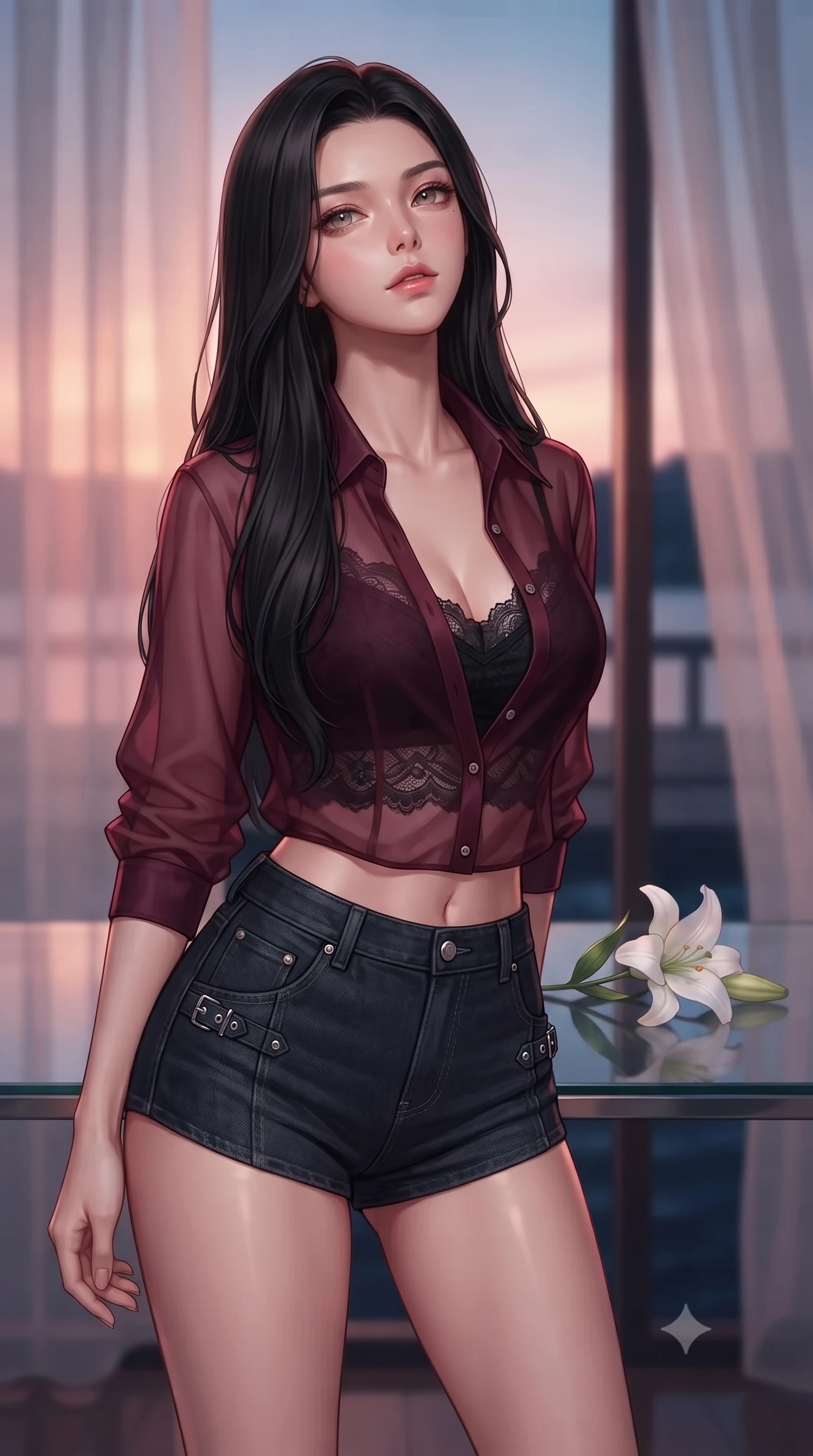 score_9, masterpiece, best quality, ultra-detailed, high-budget anime keyframe, editorial fashion photography, tasteful artistic composition, Korean woman. close-up cowboy shot from the waist and thighs up, the character dominates the composition, filling the frame with her large presence, background elements kept in soft focus. tilting her chin up with a composed yet deeply enticing gaze, her eyes sparkling under the warm lighting set against a soft-focus background of inside an exclusive lakeside pier with a single long-stemmed white lily resting against a polished glass surface. She has an exceptionally elegant, slender, and willowy female figure with an ultra-slim waist, a gracefully sculpted slender torso, and a refined silhouette. sharp v-shaped jawline, high-bridge nose, intricate jewel-like eyes with depth, thick eyelashes, glossy lips with a natural sheen. wearing slim-fit deep burgundy soft linen sheer organza button-up shirt worn over a lace-accented crop top and high-cut mini shorts accented with delicate silver hardware. softened by diffused twilight glow filtering through sheer chiffon window curtains. highly saturated vibrant anime colors, detailed shading with soft gradients, rich glossy textures, high-contrast stereoscopic depth, volumetric dynamic lighting, master piece, 9:16 ratio