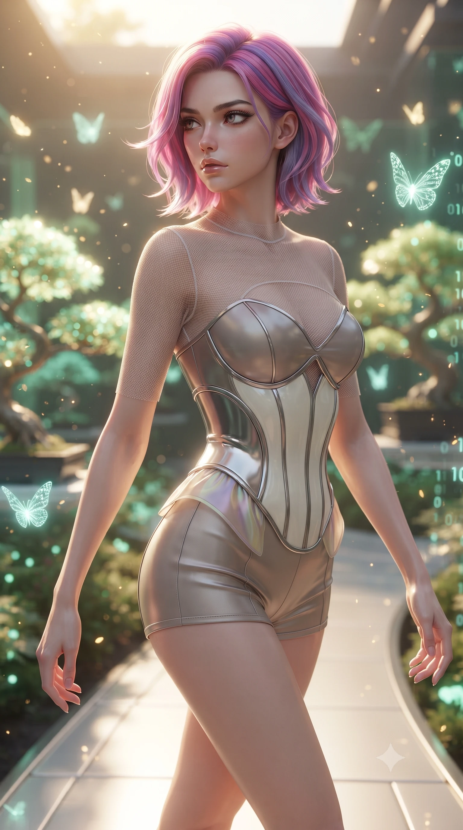 score_9, masterpiece, best quality, ultra-detailed, high-budget anime keyframe, editorial fashion photography, tasteful artistic composition, Caucasian woman. close-up cowboy shot from the waist and thighs up, the character dominates the composition, filling the frame with her large presence, background elements kept in soft focus. Pivoting sharply while looking back over her shoulder with heavy lashes and a confident, intense gaze while walking along a platinum walkway in a quantum garden filled with glowing glass bonsai trees, glowing pollen particles and binary code butterflies drifting around her form. She has an exceptionally elegant, slender, and willowy female figure with an ultra-slim waist, a gracefully sculpted slender torso, and a refined silhouette. sharp v-shaped jawline, high-bridge nose, intricate jewel-like eyes with depth, thick eyelashes, glossy lips with a natural sheen, flawlessly proportioned anatomical accuracy, natural body alignment, perfectly sculpted elegant limbs, clean dynamic posture without body distortion. wearing a chrome-plated structured bodice worn over a sheer mesh top and micro-shorts in muted taupe and soft ivory, crafted from iridescent chiffon that shifts colors in the light, accented with a Tasteful chest slit framing her clavicle gracefully, the form-contouring material highlighting her ultra-slim waist and long lines. bathed in warm golden sunlight and soft emerald bioluminescent glow. ultra-reflective glossy finish, specular highlights, metallic sheen, high-contrast stereoscopic depth, volumetric dynamic lighting, 2k, ultra detail, master piece, 9:16 ratio