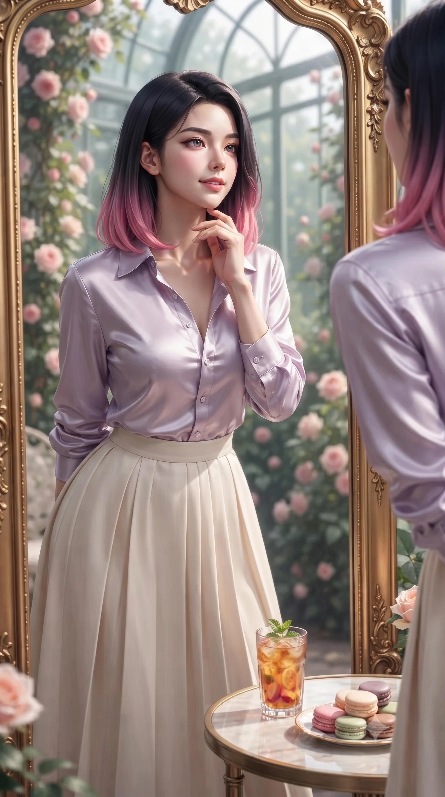 score_9, masterpiece, best quality, ultra-detailed, high-budget anime keyframe, editorial fashion photography, tasteful artistic composition, Korean woman. close-up cowboy shot from the waist and thighs up, the character dominates the composition, filling the frame with her large presence, background elements kept in soft focus. gazing into a gilded mirror reflection with a confident, sensual smile, tracing her neck contour set against a soft-focus background of inside an exclusive rose conservatory with a glass of iced fruit tea and delicate macaron pastries arranged on the table. She has an exceptionally elegant, slender, and willowy female figure with an ultra-slim waist, a gracefully sculpted slender torso, and a refined silhouette. sharp v-shaped jawline, high-bridge nose, intricate jewel-like eyes with depth, thick eyelashes, glossy lips with a natural sheen. wearing form-contouring pale lavender liquid satin casual linen button-down shirt paired with a flowy pleated midi skirt featuring refined tailored seams. accented by a single dramatic key light highlighting her statuesque posture and slim waist. ultra-reflective glossy finish, specular highlights, metallic sheen, high-contrast stereoscopic depth, volumetric dynamic lighting, 2k, ultra detail, master piece, 9:16 ratio