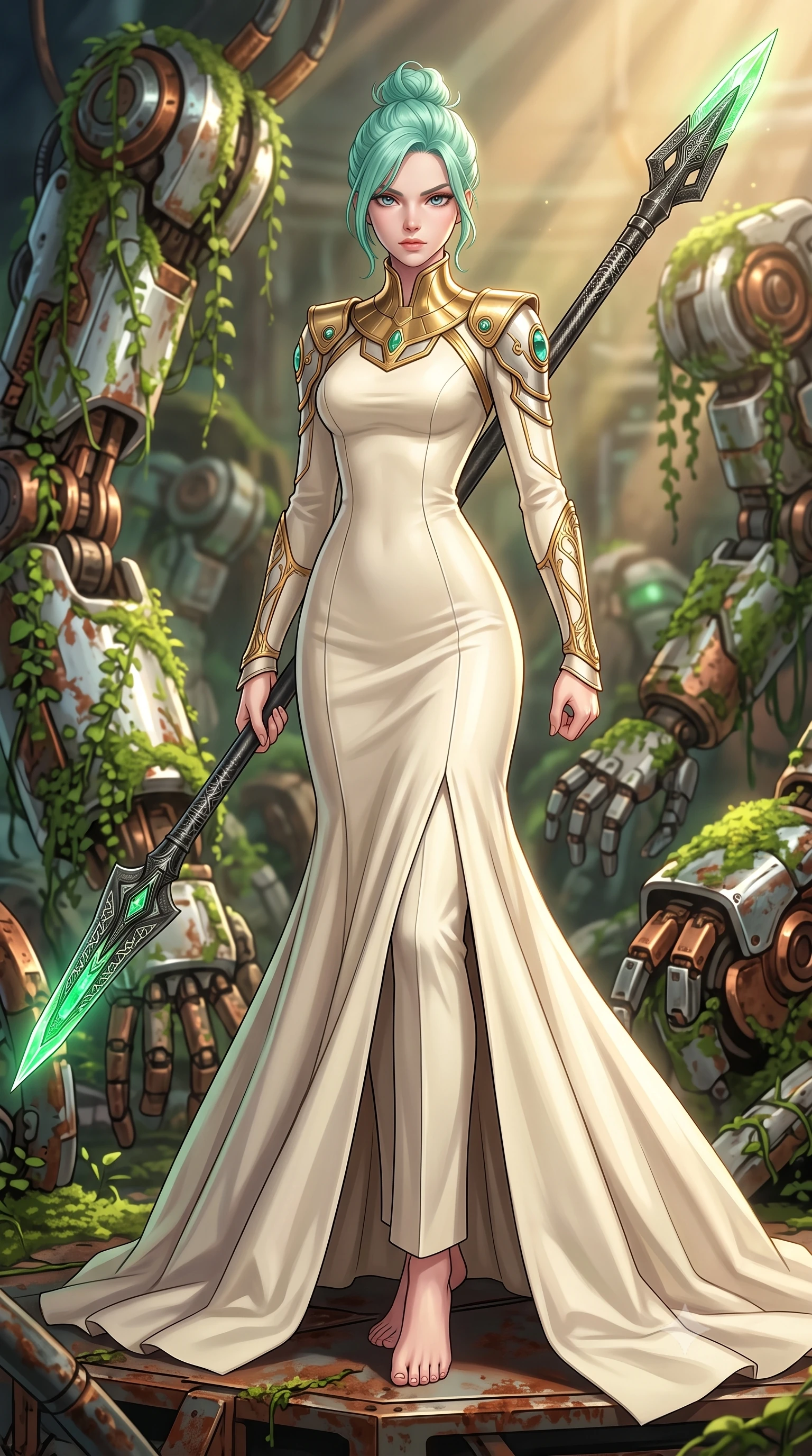 score_9, masterpiece, best quality, ultra-detailed, high-budget anime keyframe, editorial fashion photography, tasteful artistic composition, Japanese woman. low angle full-body shot from head to toe showing her feet, filling the entire 9:16 vertical frame with her statuesque presence, stretching her vertical silhouette. standing in a dynamic combat stance with a carbon-fiber spear held diagonally, stretching her statuesque body, the background shows a soft-focus a mechanical arm graveyard where green vines climb up rusted chrome plating. She has an absolutely perfect, statuesque 8.5-heads proportion, an exceptionally tall and slender model-like female figure with impossibly long slender legs and an ultra-slim waist. sharp v-shaped jawline, high-bridge nose, intricate jewel-like eyes with depth, thick eyelashes, glossy lips with a natural sheen. wearing a tailored elegant stellar senator gown in heavy cream wool, featuring structured metallic gold collar guards and long sleeves. soft green moss glow refracting on chrome plating under golden afternoon sunbeams. highly saturated vibrant anime colors, detailed shading with soft gradients, rich glossy textures, high-contrast stereoscopic depth, volumetric dynamic lighting, master piece, 9:16 ratio