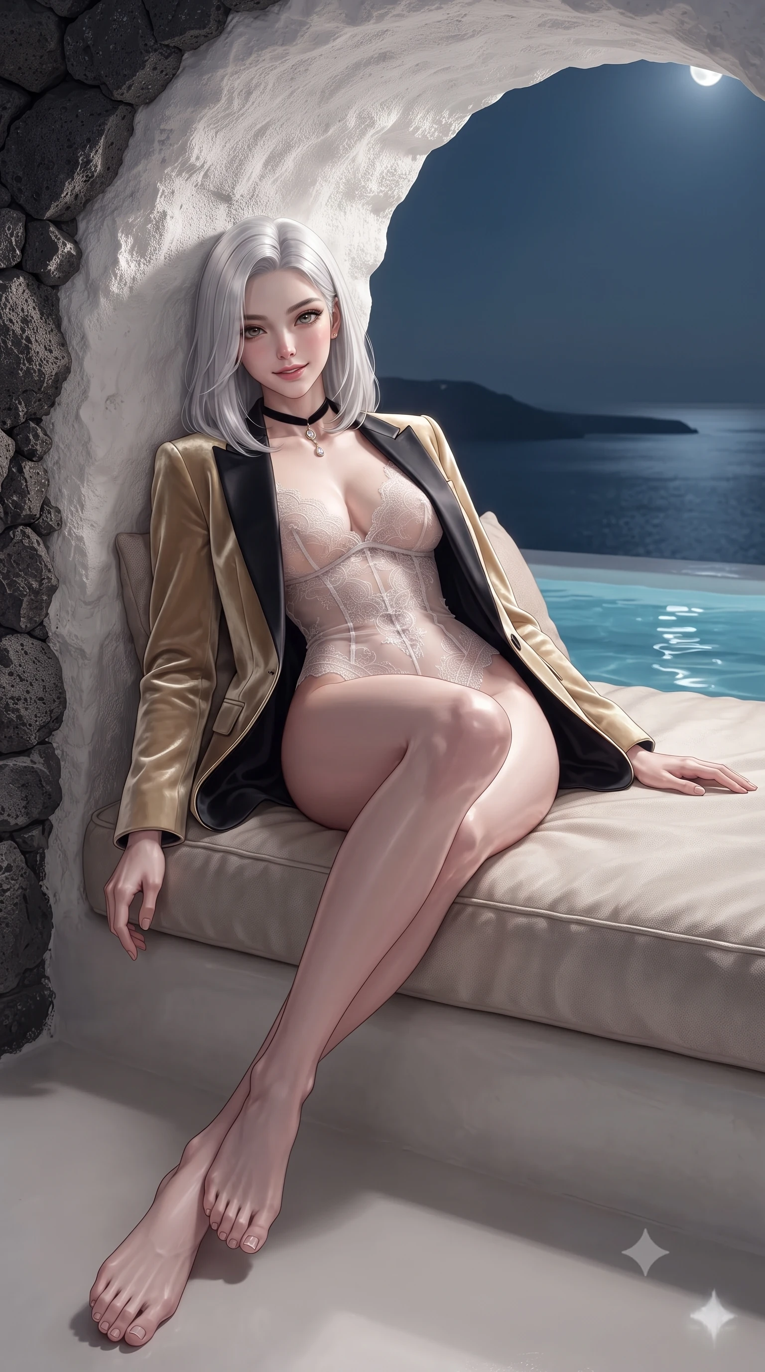 score_9, masterpiece, best quality, ultra-detailed, high-budget anime keyframe, editorial fashion photography, tasteful artistic composition, Korean woman. low angle full-body shot from head to toe showing her feet, filling the entire 9:16 vertical frame with her statuesque presence, stretching her vertical silhouette. lounging on the lavish daybed with legs crossed and hips angled toward the camera, displaying her toned midriff and long slender limbs with effortless siren poise while leaning against the whitewashed volcanic rock arch with hips cocked back, looking through the cave opening toward moonlit Aegean waters. The surrounding environment is rendered in vivid detail and crisp panoramic clarity: sharp volcanic basalt stone texture, whitewash stucco relief, and clear pool water meniscus in deep focus. She has an absolutely perfect, statuesque 8.5-heads proportion, an exceptionally tall and slender model-like female figure with impossibly long slender legs, an ultra-slim waist, a flat toned midriff, narrow delicate ribcage, and beautifully sculpted feminine hips creating a graceful, slim hourglass silhouette without any bulky heaviness. sharp v-shaped jawline, high-bridge nose, sparkling eyes with hypnotic seductive depth, thick curled eyelashes, glossy parted lips with a natural dewy peach sheen, alluring bedroom-eyes with an enchanting coquettish smile, exuding magnetic siren charisma and sophisticated glamour, flawlessly proportioned anatomical accuracy, strict slender model proportions, natural body alignment, perfectly sculpted long slender limbs, ultra-slim waistline, clean dynamic posture without body distortion. wearing a delicate sheer French Chantilly lace teddy layered under an open tailored tuxedo blazer draped over bare shoulders in midnight obsidian black and liquid champagne gold, tailored from ultra-plush velvet with rich tactile depth and deep shadow gradients, finished with a thin velvet ribbon choker and a single teardrop diamond pendant, the liquid-tight tailored fabric clinging flawlessly to her narrow waist and rounded feminine hips, emphasizing every millimeter of her sculpted slim hourglass curves without any bulky heaviness. illuminated by aquatic reflection caustics and sharp platinum-gold rim lights sculpting her razor-sharp jawline, narrow waist, and curvy hips. ultra-reflective glossy finish, specular highlights, rich textural contrasts, high-contrast stereoscopic depth, volumetric dynamic lighting, 2k, ultra detail, master piece, 9:16 ratio