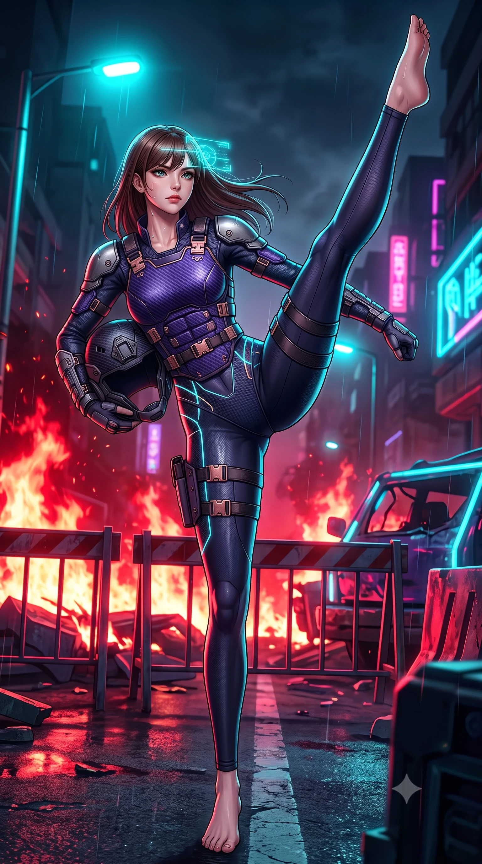 score_9, masterpiece, best quality, ultra-detailed, high-budget anime keyframe, semi-realistic 3D game render, editorial fashion photography, tasteful artistic composition, Korean woman. low angle full-body shot from head to toe showing her feet, filling the entire 9:16 vertical frame with her statuesque presence, stretching her vertical silhouette. executing a breathtaking zero-gravity high-kick with full 180-degree vertical extension, her impossibly long slender legs dominating the frame with razor-sharp poise while charging forward through a burning street barricade as holographic tactical goggles cast glowing cyan reticles across her brow. The surrounding environment is rendered in vivid detail and crisp panoramic clarity. intricate forearm vambrace buckles, sweat beads on collarbones, and glowing laser lines in high clarity. She has an absolutely perfect, statuesque 8.5-heads proportion, an exceptionally tall and slender model-like female figure with impossibly long slender legs, a toned flat midriff, and an ultra-slim waist. sharp v-shaped jawline, high-bridge nose, intricate jewel-like eyes with depth, thick eyelashes, glossy lips with a natural sheen, fierce and resolute heroine expression, flawlessly proportioned anatomical accuracy, strict slender model proportions, natural body alignment, perfectly sculpted long slender limbs, ultra-slim waistline, clean dynamic posture without body distortion. holding a modular carbon battle-helmet under one arm, her flawless face and sculpted neck exposed to the rain with determined warrior focus, paired with a heavy modular carbon-fiber combat cuirass paired with a second-skin tactical leotard and reinforced titanium shoulder pauldrons in royal purple carbon fiber with distressed rose-gold hardware and buckles, crafted from semi-translucent cybernetic carbon-vinyl interwoven with glowing micro-filaments, complemented by criss-cross back harness straps highlighting her completely bare spine, the form-contouring material adhering flawlessly to her sculpted flat midriff and slender torso, emphasizing her long leg lines and perfectly proportioned willowy build. bathed in blazing crimson barricade fire glow and high-contrast electric cyan streetlamp rim lights. rich saturated anime colors with glowing neon highlights, detailed shading with soft gradients, rich glossy textures, high-contrast stereoscopic depth, volumetric dynamic lighting, master piece, 9:16 ratio