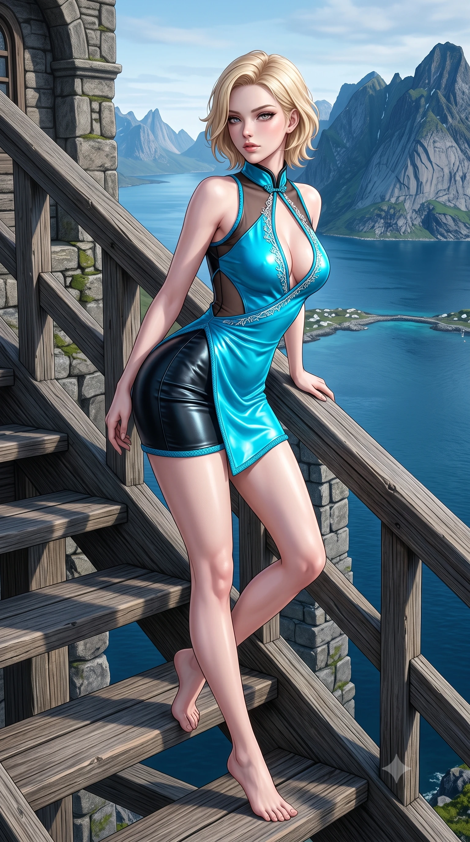 score_9, masterpiece, best quality, ultra-detailed, high-budget anime keyframe, semi-realistic 3D game render, editorial fashion photography, tasteful artistic composition, Caucasian woman. low angle full-body shot from head to toe showing her feet, filling the entire 9:16 vertical frame with her statuesque presence, stretching her vertical silhouette. leaning deep against the structural architecture with hips cocked in an unapologetically bold, seductive high-fashion stance while leaning against the timber stair railing with hips cocked back, looking over her shoulder with fearless, smoldering Nordic eyes. The surrounding environment is rendered in vivid detail and crisp panoramic clarity. detailed wool knit texture, soft skin highlights in Arctic light, and Lofoten island archipelago in high resolution. She has an exceptionally tall and slender model-like 8.5-heads proportion, an ultra-slim waist, a flat toned midriff, narrow delicate ribcage, and beautifully sculpted feminine hips creating a graceful, slim hourglass silhouette without any bulky heaviness, with impossibly long slender legs. sharp v-shaped jawline, high-bridge nose, intricate jewel-like eyes with depth, thick eyelashes, glossy parted lips with a natural sheen, intensely captivating and seductive bedroom-eyes expression, flawlessly proportioned anatomical accuracy, strict slender model proportions, natural body alignment, perfectly sculpted long slender limbs, ultra-slim waistline, clean dynamic posture without body distortion. wearing a wet-look silk fusion wrap dress with asymmetrical sheer mesh cutouts and high Mandarin collar in neon electric cyan and lacquer black, formed from supple second-skin lambskin leather with specular sheen, finished with delicate crystal frost embroidery tracing the plunging neckline, the liquid-tight tailored fabric clinging flawlessly to her narrow waist and rounded feminine hips, emphasizing every millimeter of her sculpted slim hourglass curves without any bulky heaviness. illuminated by cool fjord water ambient fill contouring her razor-sharp jawline, narrow waist, and curvy hips. highly saturated vibrant anime colors, detailed shading with soft gradients, rich glossy textures, high-contrast stereoscopic depth, volumetric dynamic lighting, master piece, 9:16 ratio